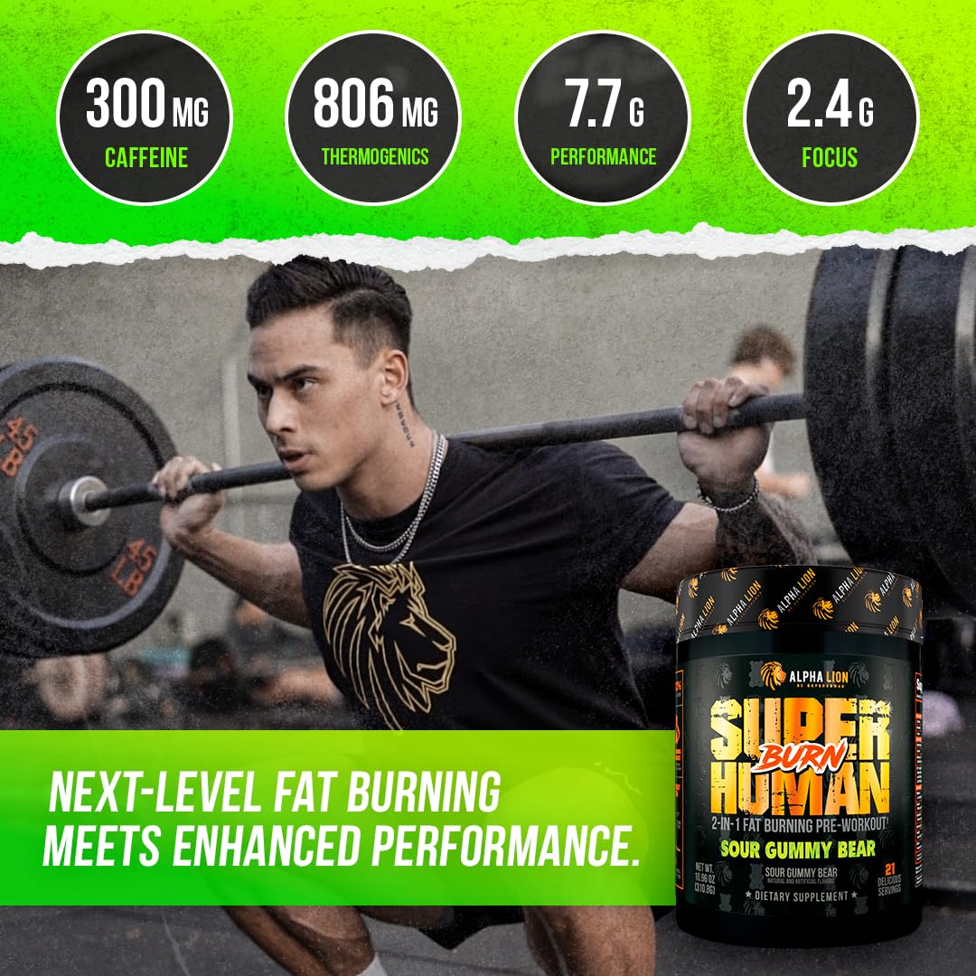 ALPHA LION Superhuman Burn – 2-in-1 Metabolism Booster Pre Workout & Thermogenic Fat Burner for Men – Sour Gummy Bear, 21 Servings - Image 4