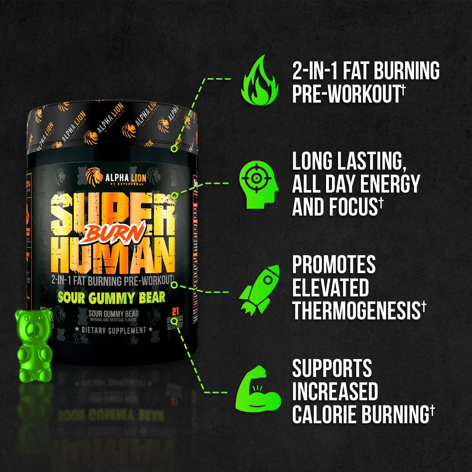 ALPHA LION Superhuman Burn – 2-in-1 Metabolism Booster Pre Workout & Thermogenic Fat Burner for Men – Sour Gummy Bear, 21 Servings - Image 7
