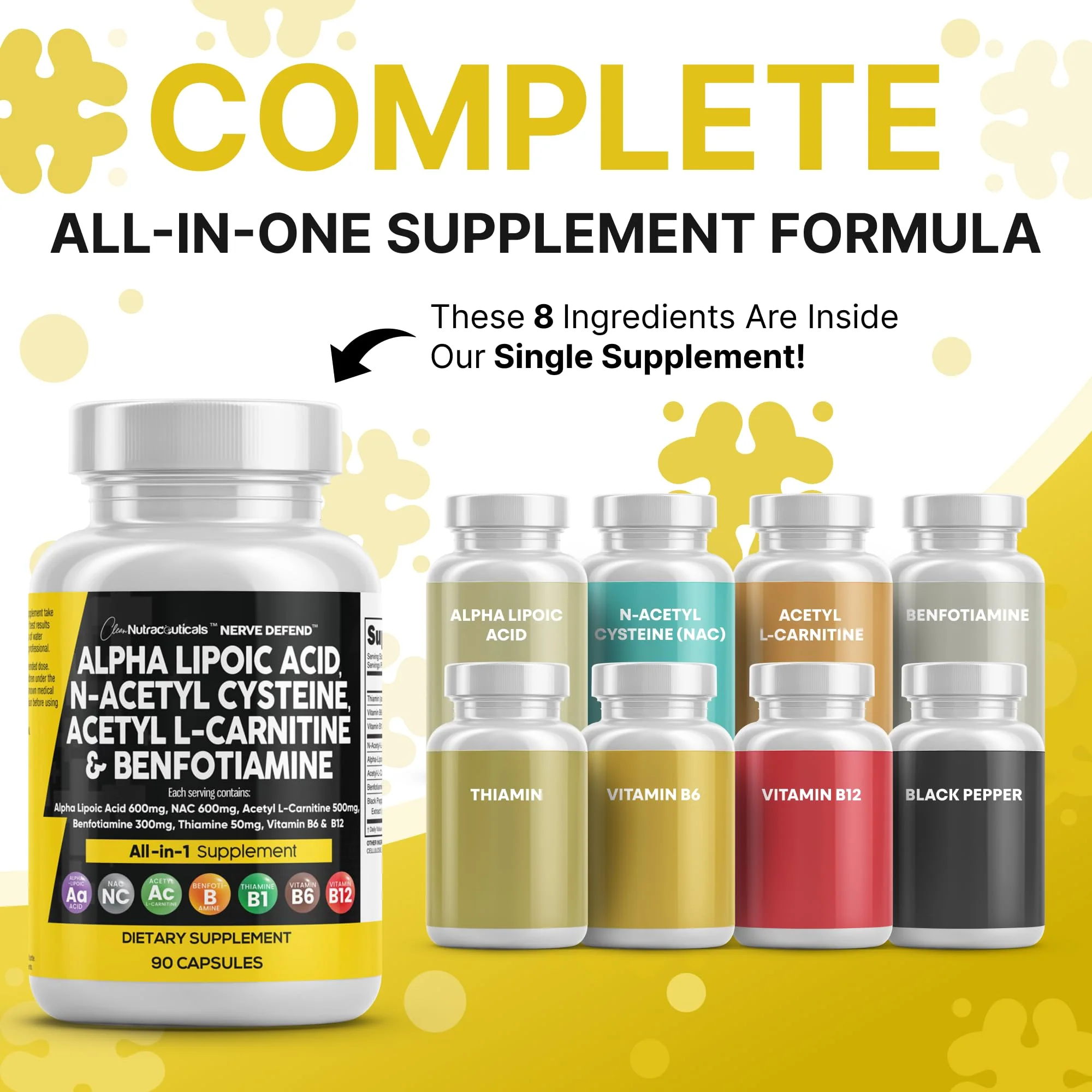 Alpha Lipoic Acid 600mg NAC 600mg Acetyl L-Carnitine 500mg Benfotiamine 300mg – Nerve Support Supplement (Made in USA) 90 Caps - Image 2