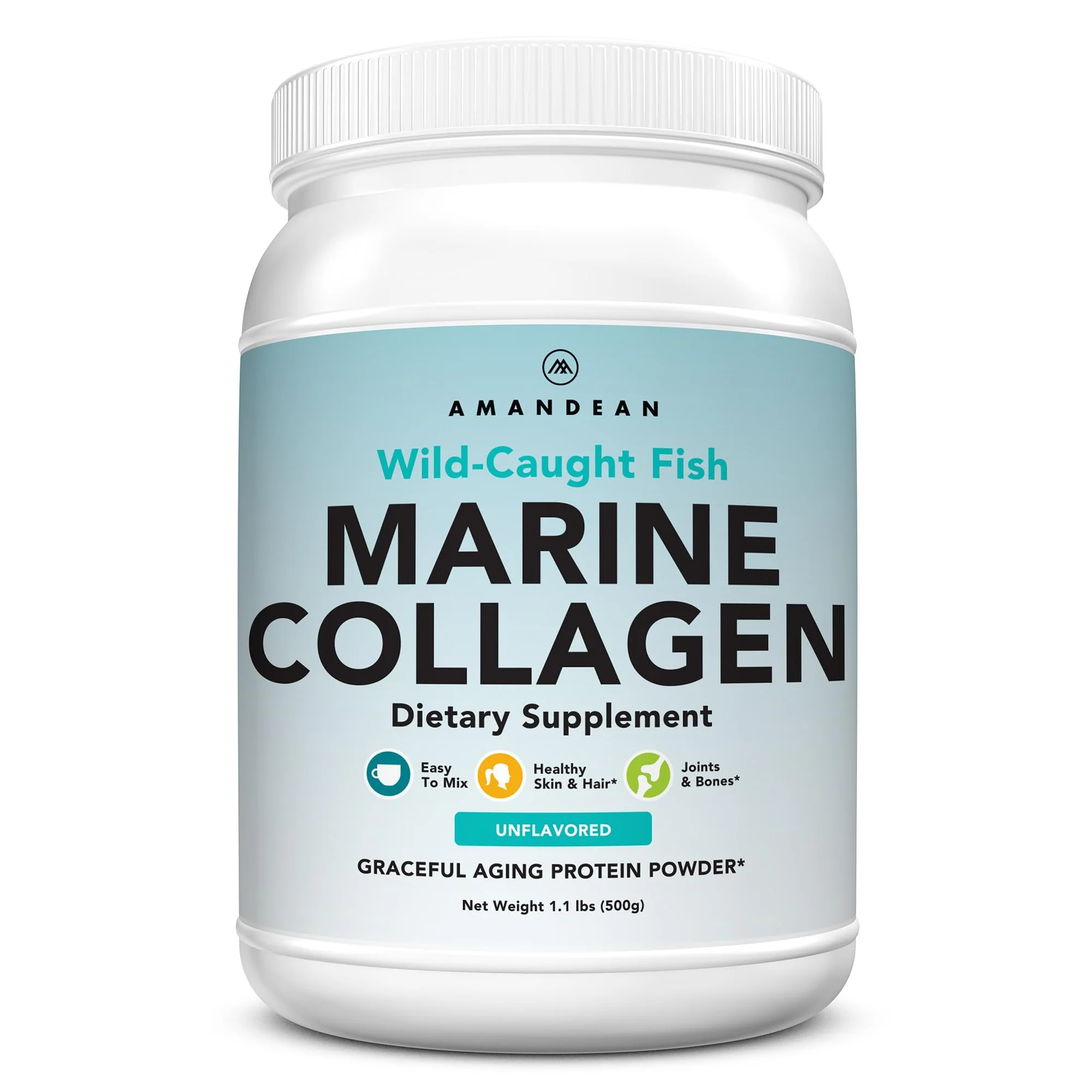 AMANDEAN Marine Collagen Peptides Powder – Double Hydrolyzed, Wild-Caught Whitefish, Type 1 & 3, 50 Servings