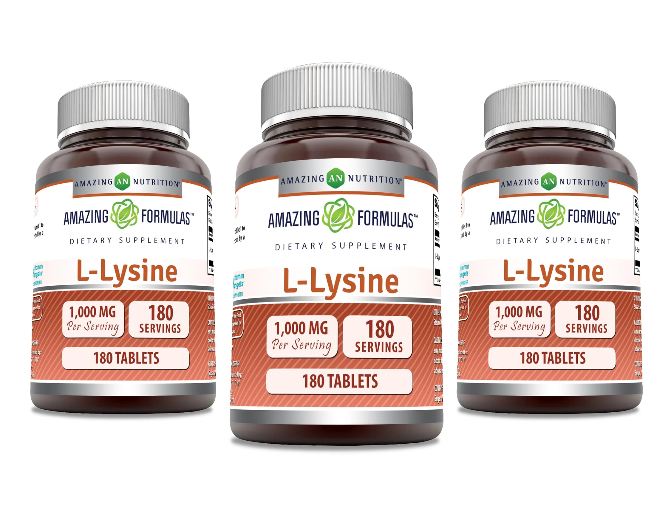 Amazing Formulas L-Lysine 1000mg – Non-GMO, Gluten Free, Made in USA | 180 Tablets per Bottle, 3 Pack