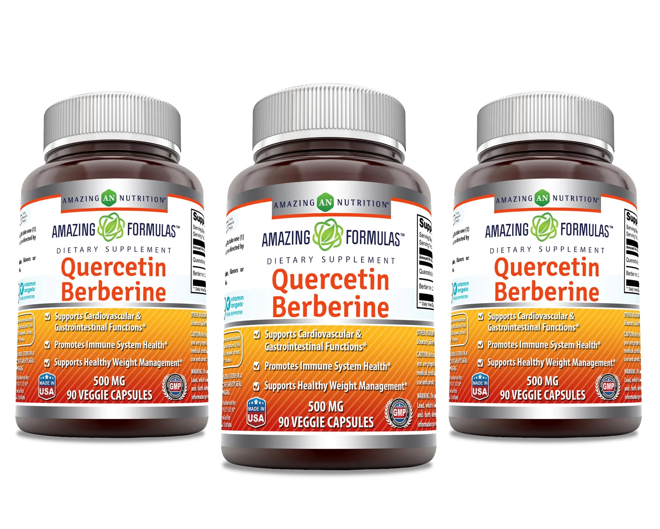 Amazing Formulas Quercetin Berberine - Veggie Capsule Supplement | 250 mg Berberine & 250 mg Quercetin | Non-GMO | Gluten Free | Made in USA | 90 Capsules (3 Pack)