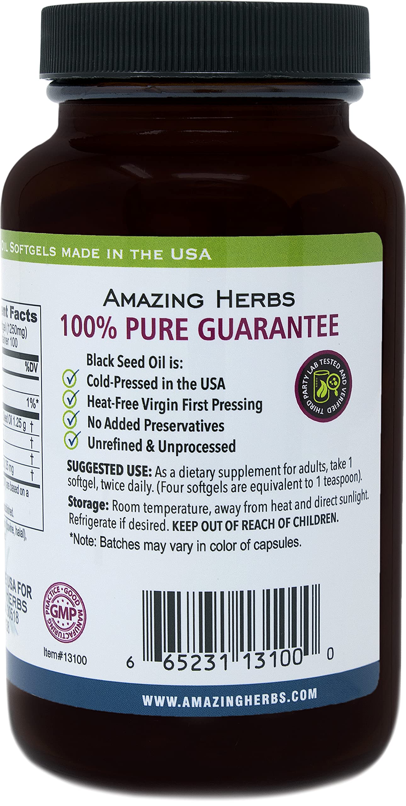 Amazing Herbs Black Seed Oil Pills 1250mg | 100 Softgel Capsules | Cold-Pressed, Non-GMO - Image 10