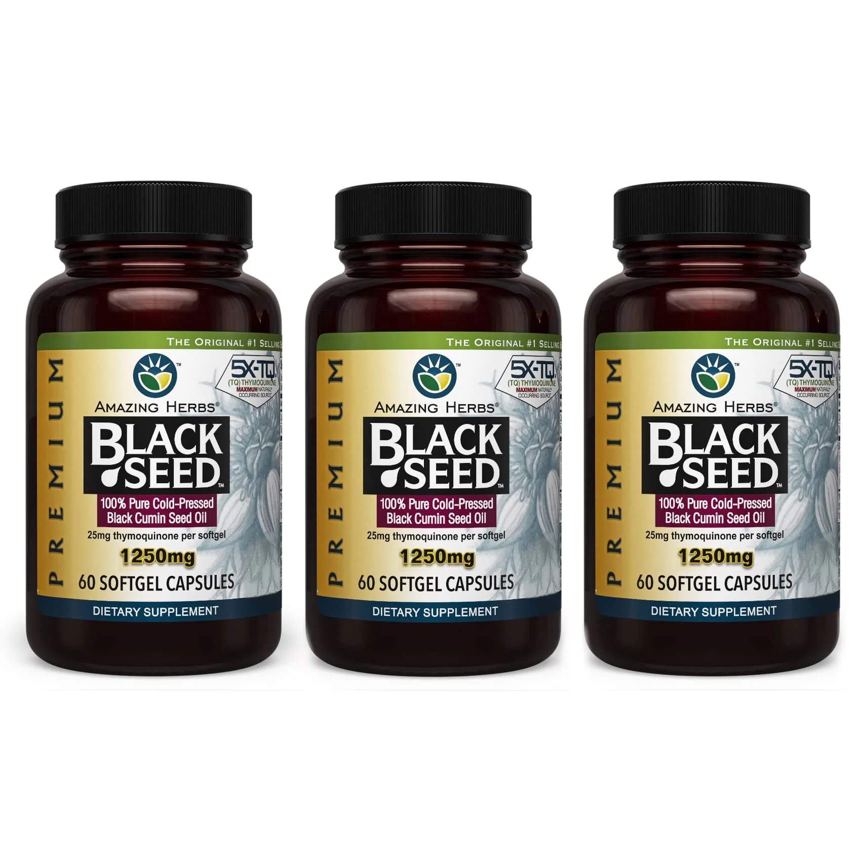 Amazing Herbs Premium Black Seed Oil Capsules 1250mg – Cold-Pressed Nigella Sativa – 60 Count (Pack of 3)