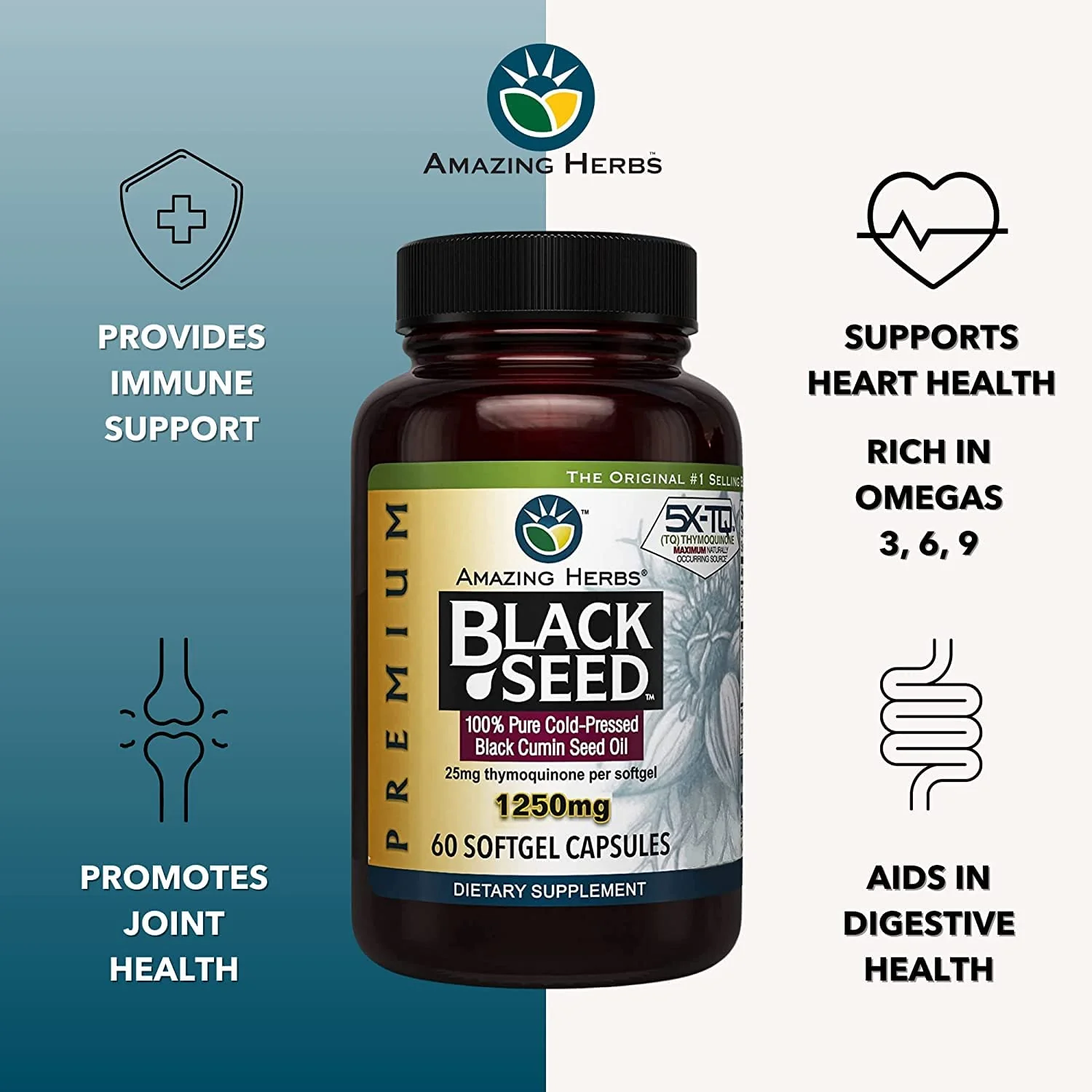 Amazing Herbs Premium Black Seed Oil Capsules - 1250mg, Cold-Pressed Nigella Sativa | Pack of 2 (60 Count Each) - Image 4
