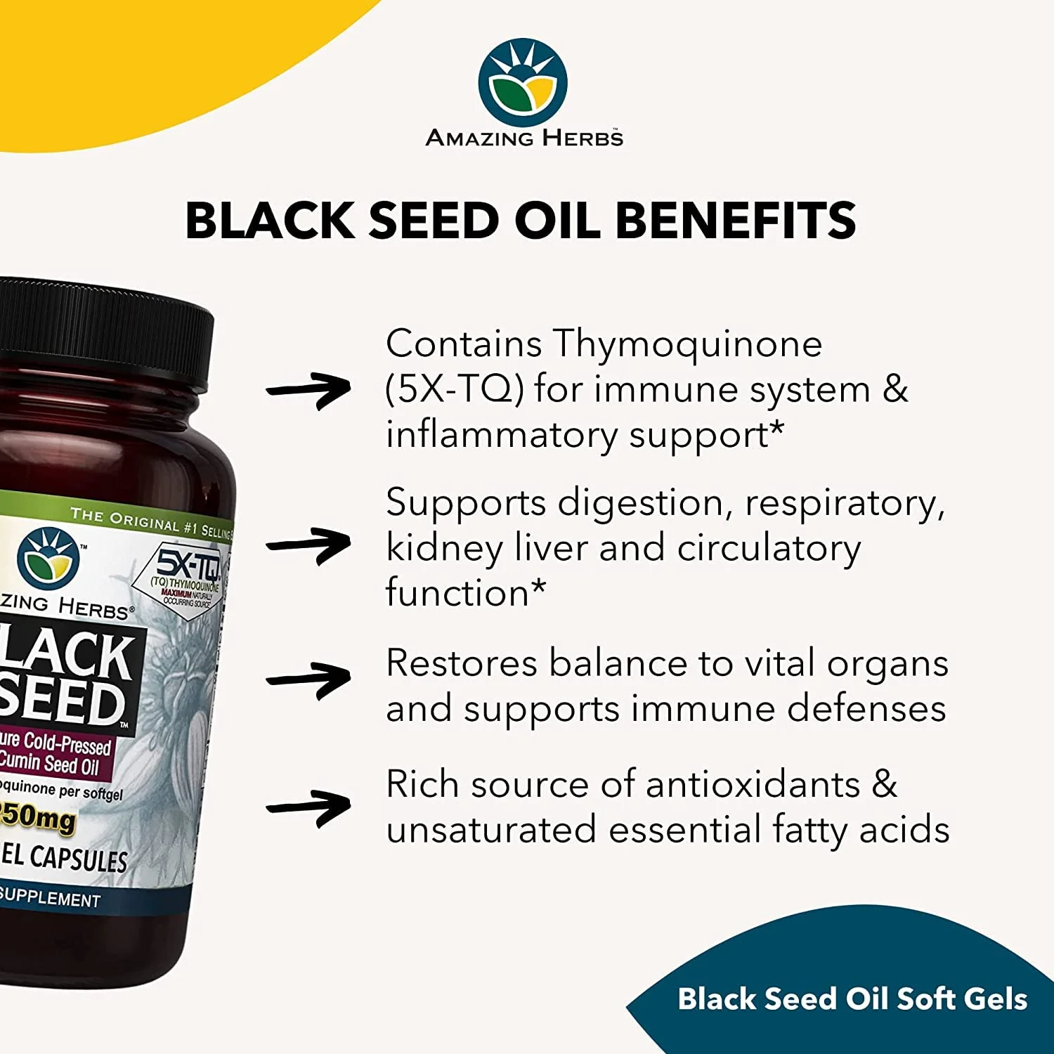 Amazing Herbs Premium Black Seed Oil Capsules - 1250mg, Cold-Pressed Nigella Sativa | Pack of 2 (60 Count Each) - Image 5