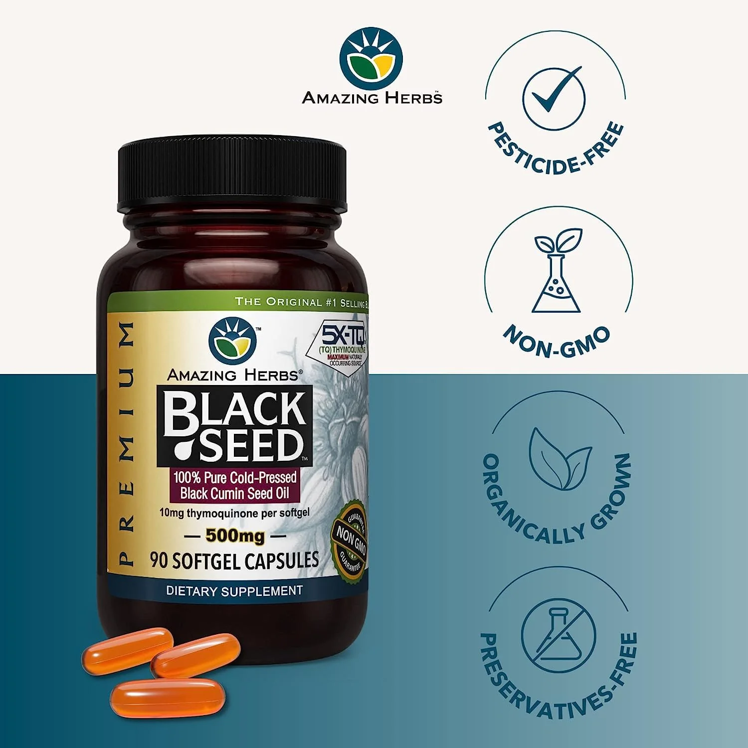 Amazing Herbs Premium Black Seed Oil Capsules – 90 Count x 2, 500mg, Gluten Free & Non-GMO - Image 3