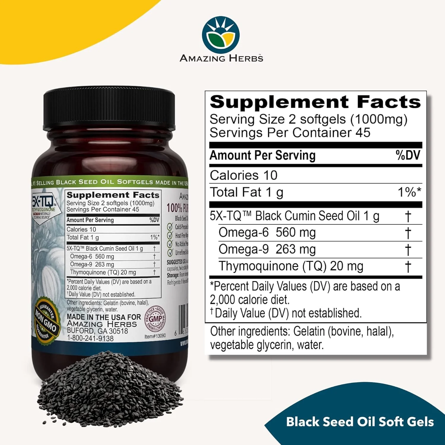 Amazing Herbs Premium Black Seed Oil Capsules – 90 Count x 2, 500mg, Gluten Free & Non-GMO - Image 8
