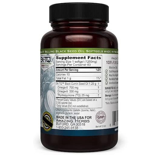 Amazing Herbs Premium Black Seed Oil Capsules – High Potency 1250mg, 60 Count | Immune Support & Digestive Health - Image 2