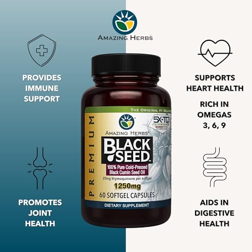 Amazing Herbs Premium Black Seed Oil Capsules – High Potency 1250mg, 60 Count | Immune Support & Digestive Health - Image 5