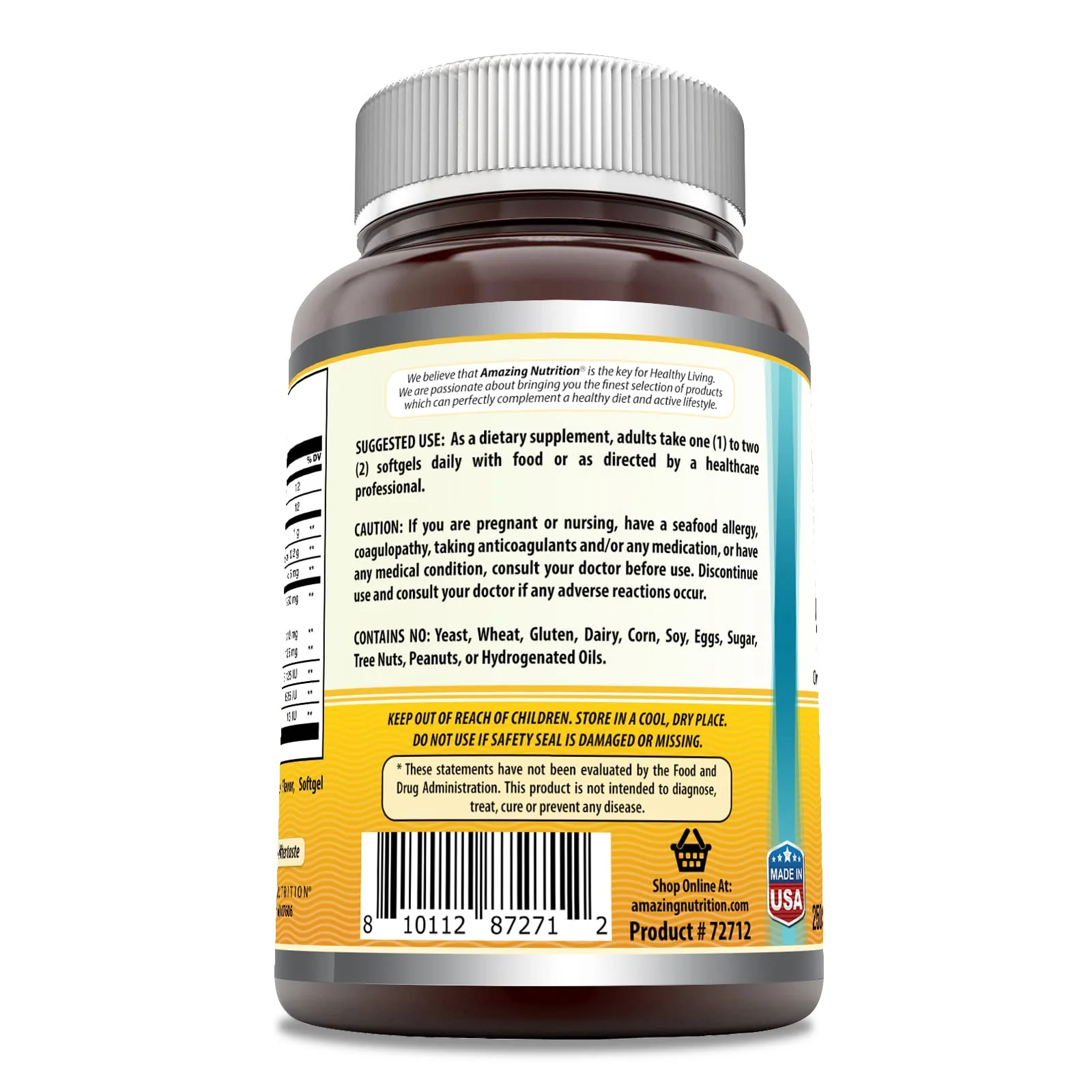 Amazing Omega Norwegian Cod Liver Oil 1250 mg Softgels – Omega-3 EPA/DHA + Vitamins A, D & E (Orange, 250 Count) | Amazing Nutrition - Image 3