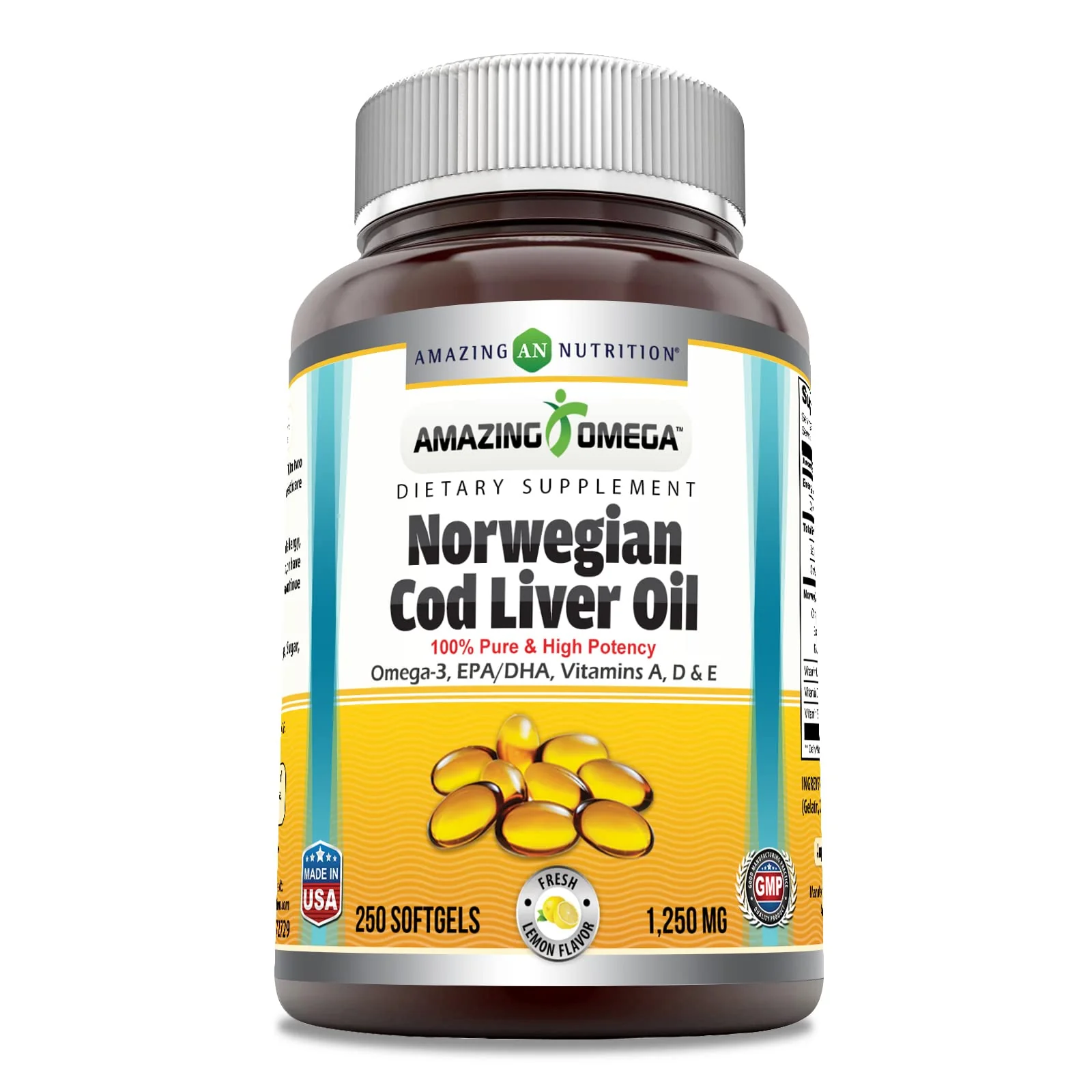 Amazing Omega Norwegian Cod Liver Oil 1250 mg Softgels – Omega-3 EPA/DHA + Vitamins A, D & E (Orange, 250 Count) | Amazing Nutrition - Image 4