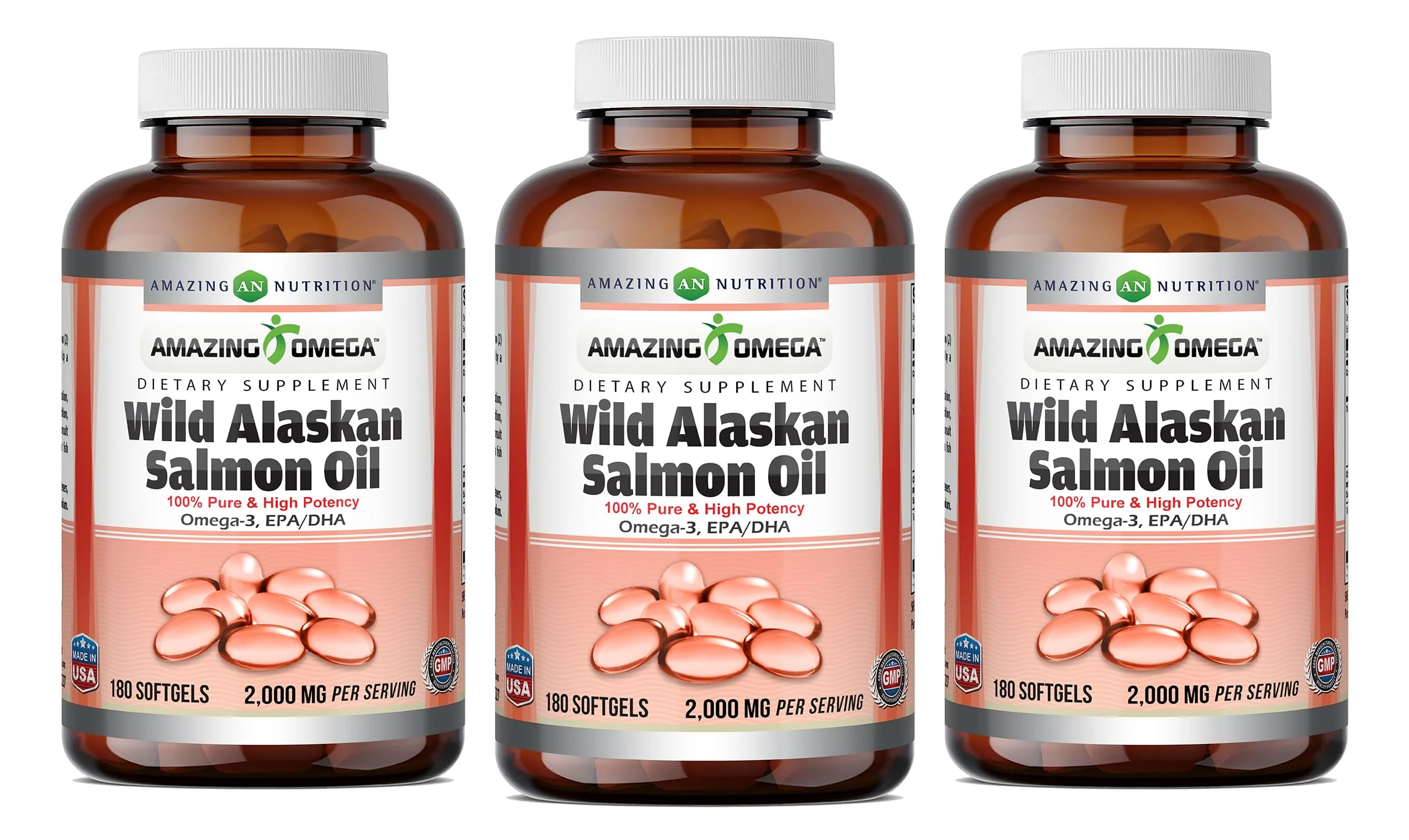 Amazing Omega Wild Alaskan Salmon Oil 2000 mg | Softgels | Non-GMO & Gluten-Free | Made in USA