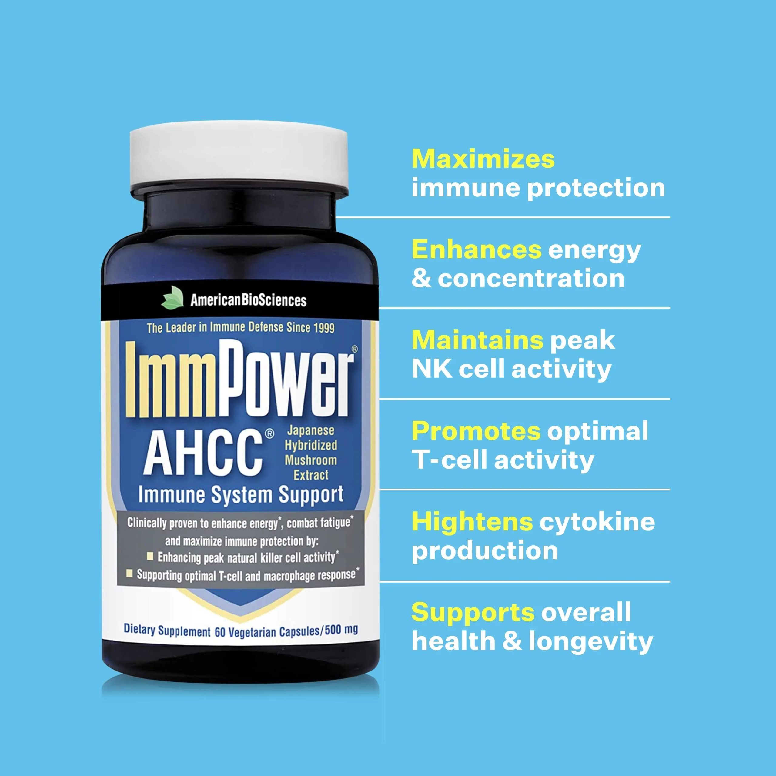 American BioSciences ImmPower AHCC 500mg Capsule – Immune Support, NK Cell Activity, 60 Veggie Capsules - Image 4