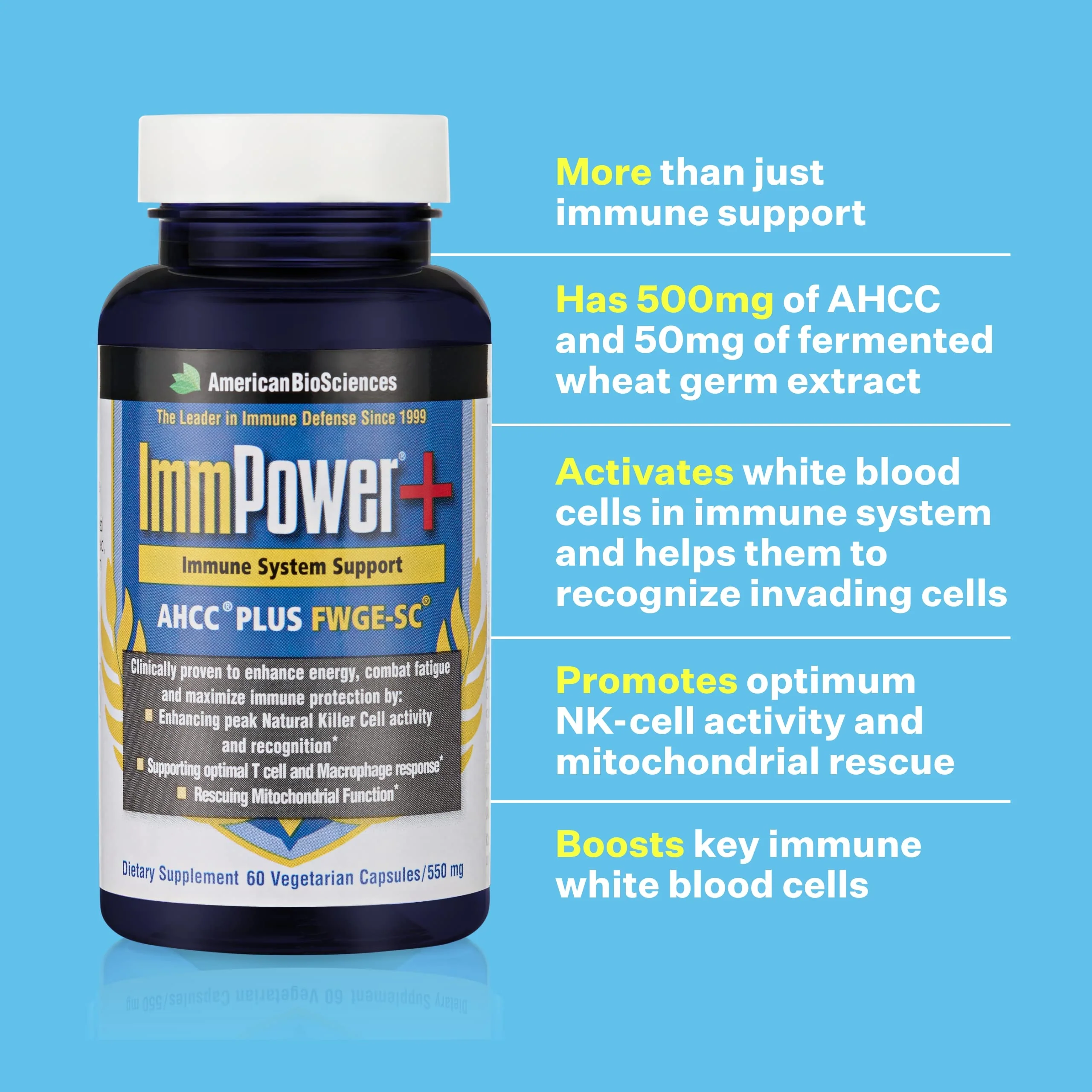 American BioSciences ImmPower Plus – AHCC & Fermented Wheat Germ Extract Immune Support, 550mg Capsule, 60 Veggie Caps - Image 3