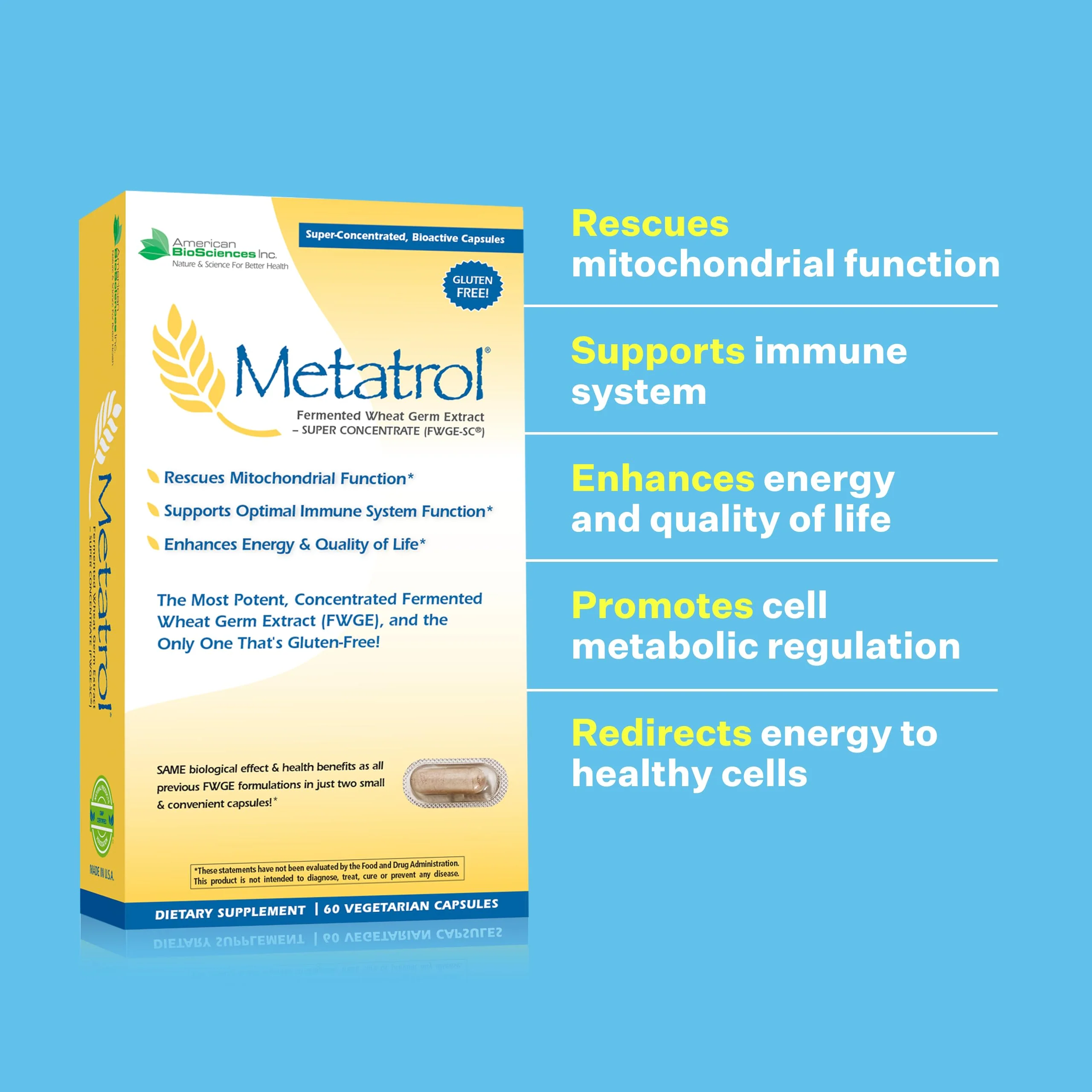 American BioSciences Metatrol Fermented Wheat Germ Extract – Immune & Mitochondria Support, Gluten Free, 60 Vegetarian Capsules, 41mg - Image 5