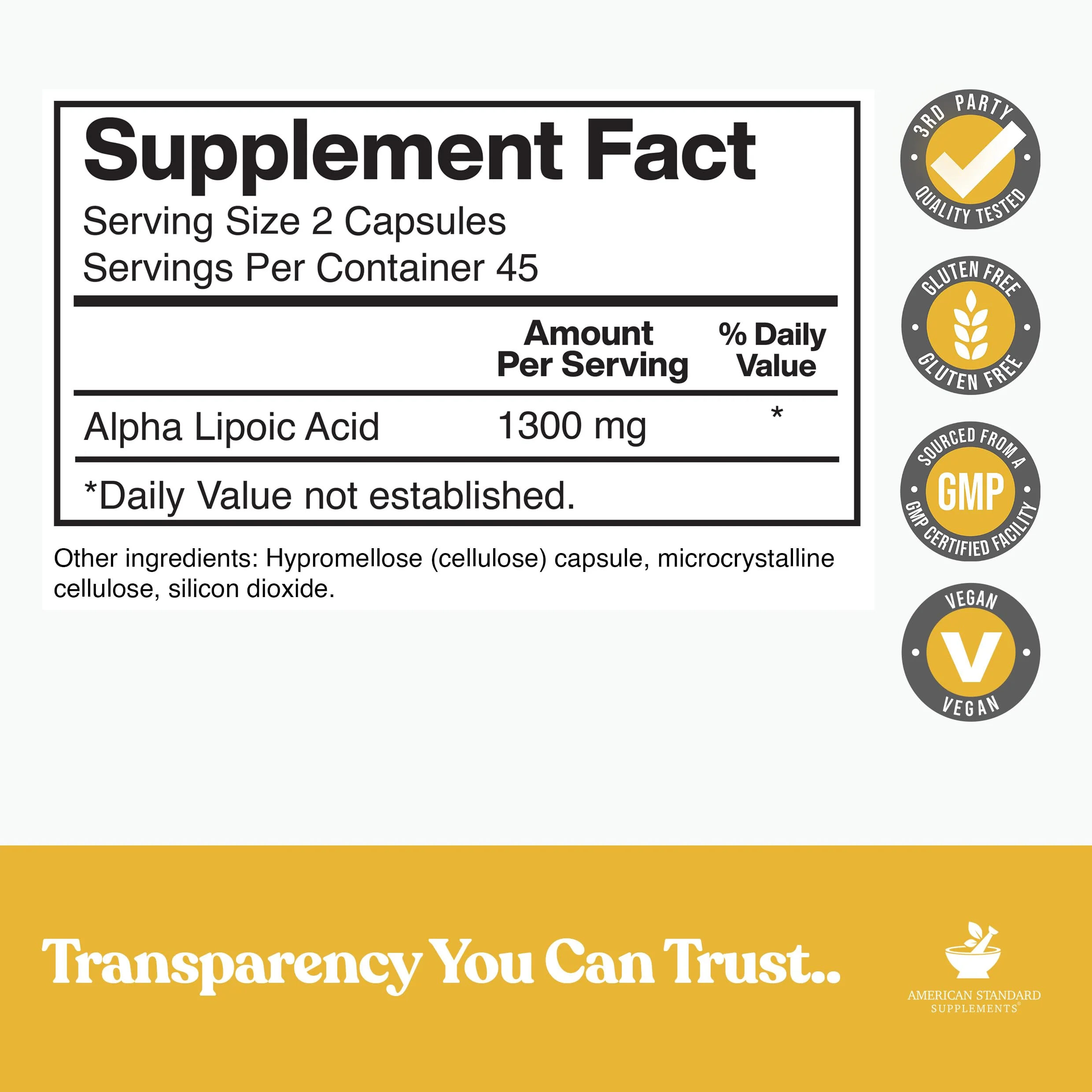 American Standard Alpha Lipoic Acid 1300mg per Serving - 90 Capsules, Pack of 2 - Image 2