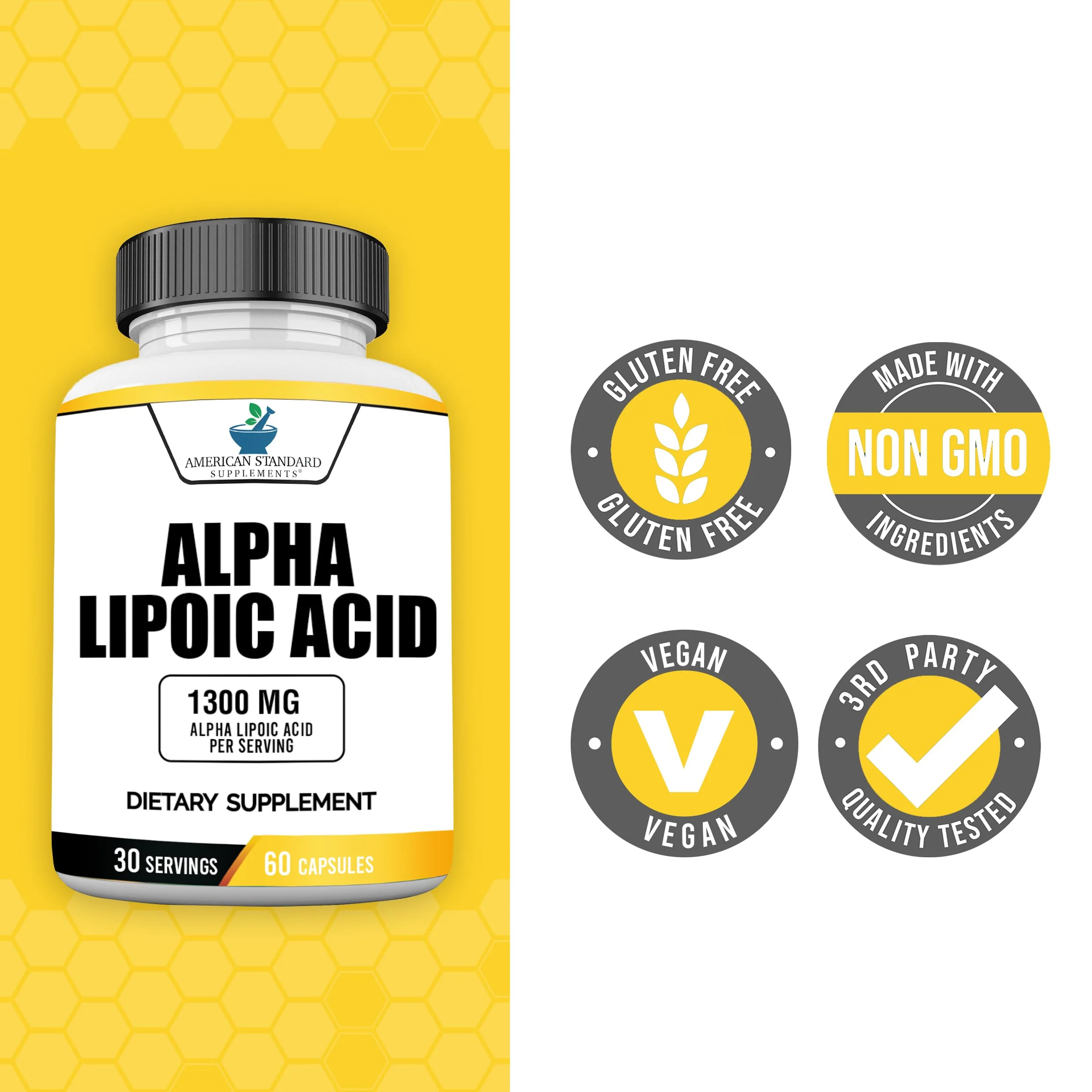 American Standard Supplements Alpha Lipoic Acid 1300mg Per Serving - Vegan, Gluten Free, Non-GMO, 60 Capsules, 30 Servings (Pack of 2) - Image 6