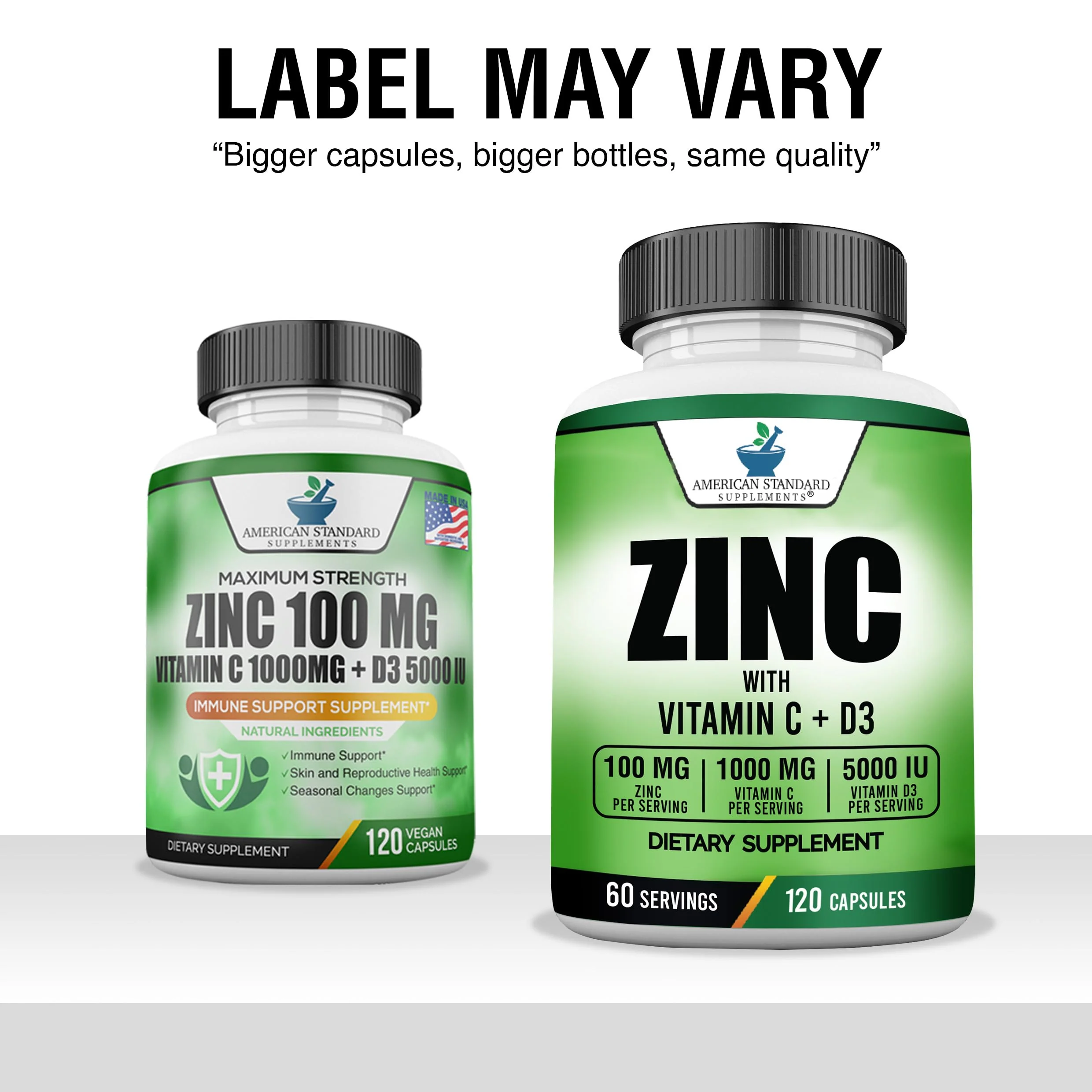 American Standard Zinc 100mg, Vitamin C 1000mg & Vitamin D3 5000 IU – 120 Capsules (Pack of 2) - Image 2