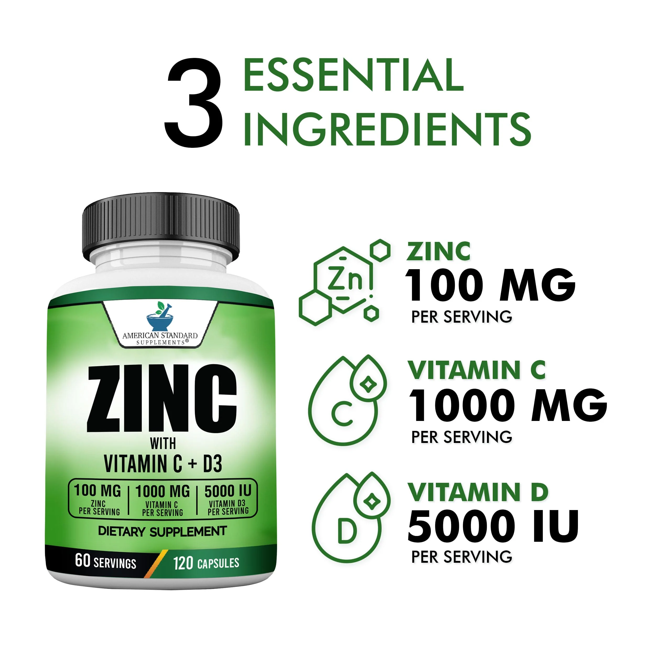 American Standard Zinc 100mg, Vitamin C 1000mg & Vitamin D3 5000 IU – 120 Capsules (Pack of 2) - Image 4
