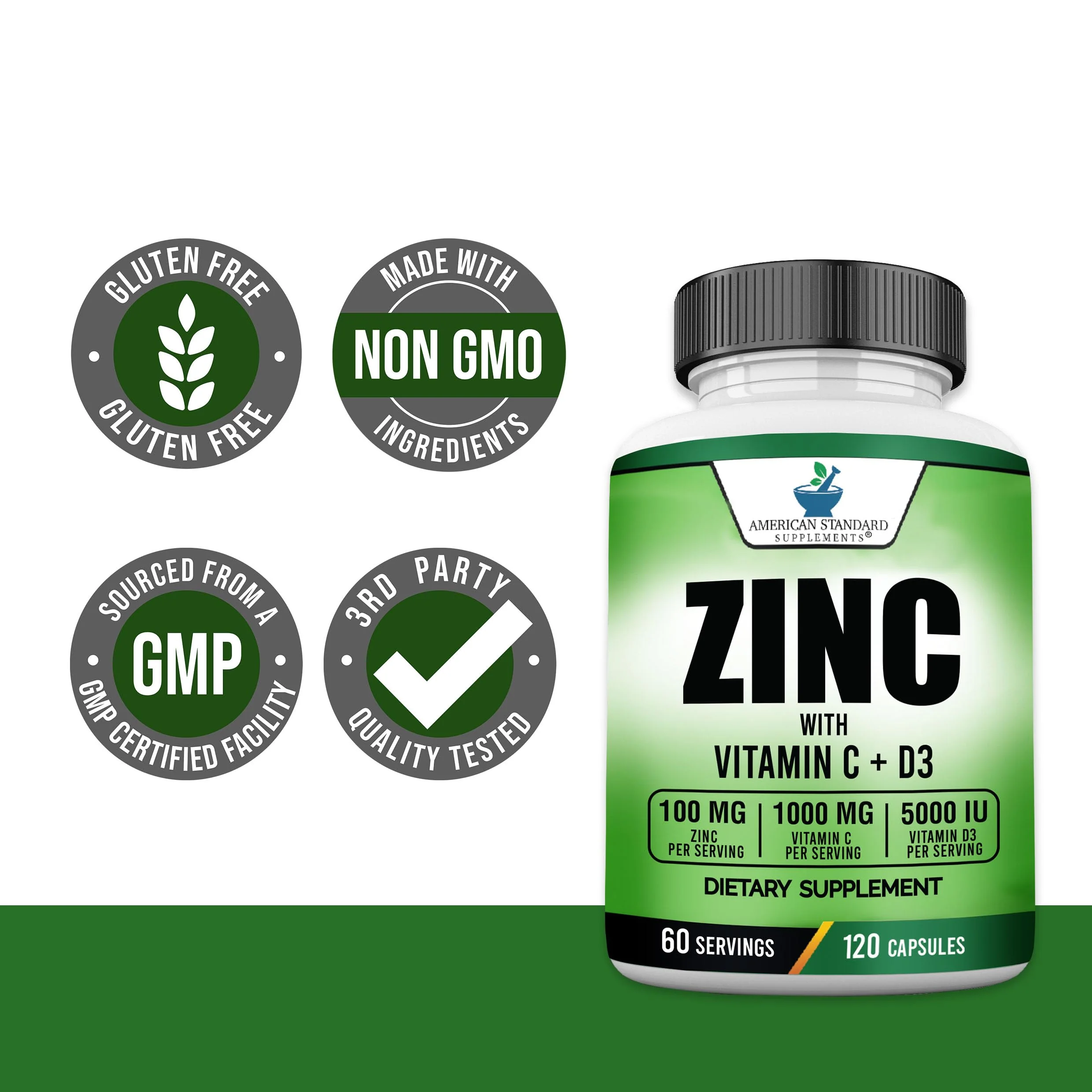 American Standard Zinc 100mg, Vitamin C 1000mg & Vitamin D3 5000 IU – 120 Capsules (Pack of 2) - Image 5