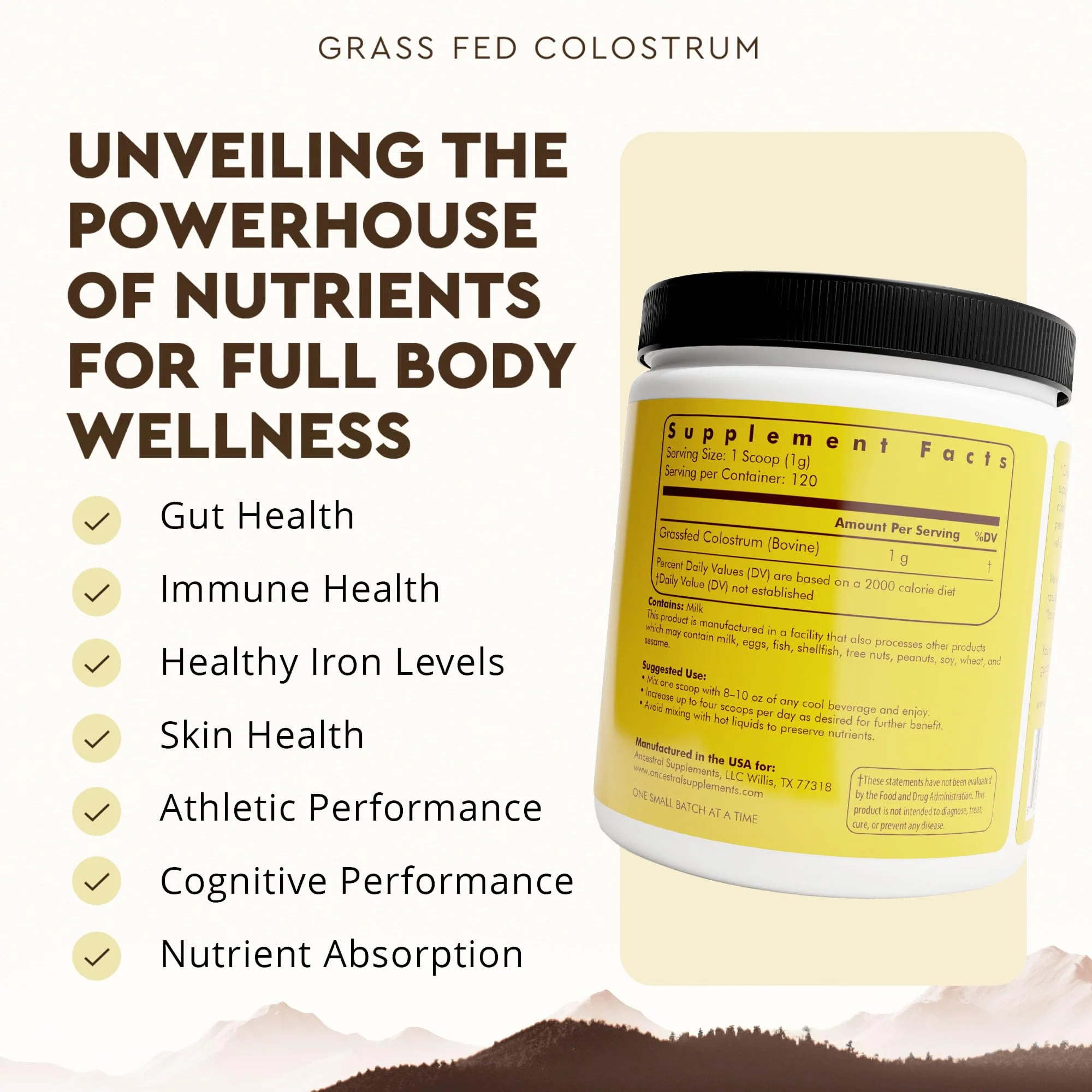 Ancestral Supplements Bovine Colostrum Powder – Grass-Fed, Freeze-Dried, Gut Health & Immune Support, 120 Servings - Image 2