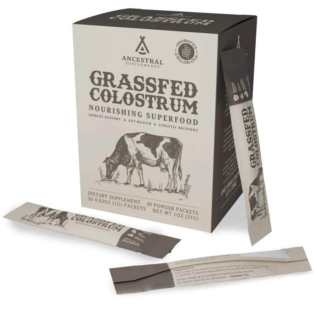 Ancestral Supplements Grass-Fed Beef Bovine Colostrum Powder Packets – Immune Support, Gut Health, 30 Sticks
