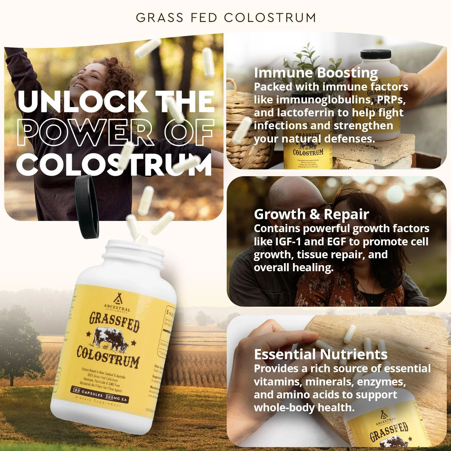 Ancestral Supplements Grass Fed Beef Colostrum Supplement – 3000 mg, 180 Capsules | Immune & Gut Health Support - Image 4
