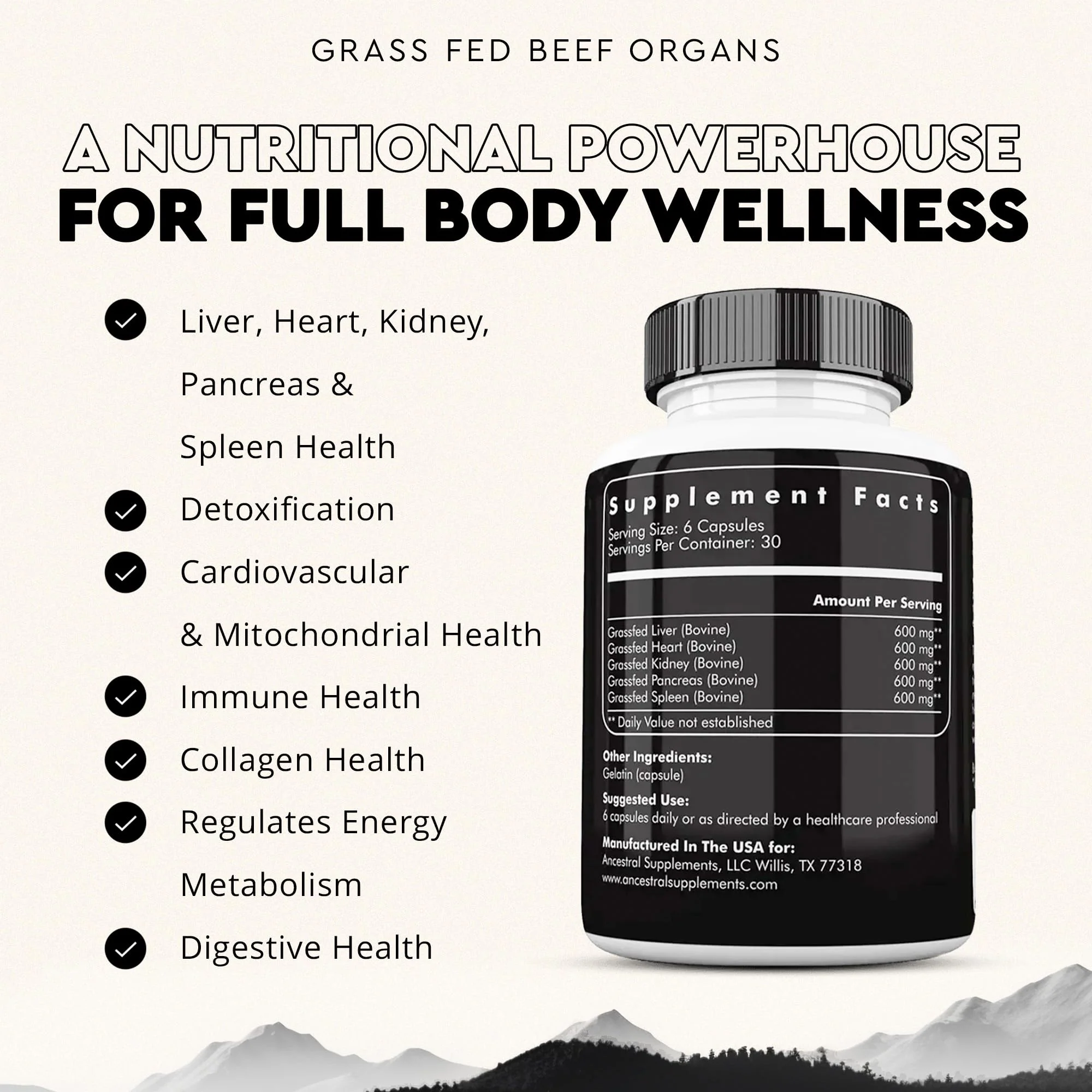 Ancestral Supplements Grass-Fed Beef Organs – Liver, Heart, Kidney, Pancreas, Spleen | 180 Capsules - Image 3