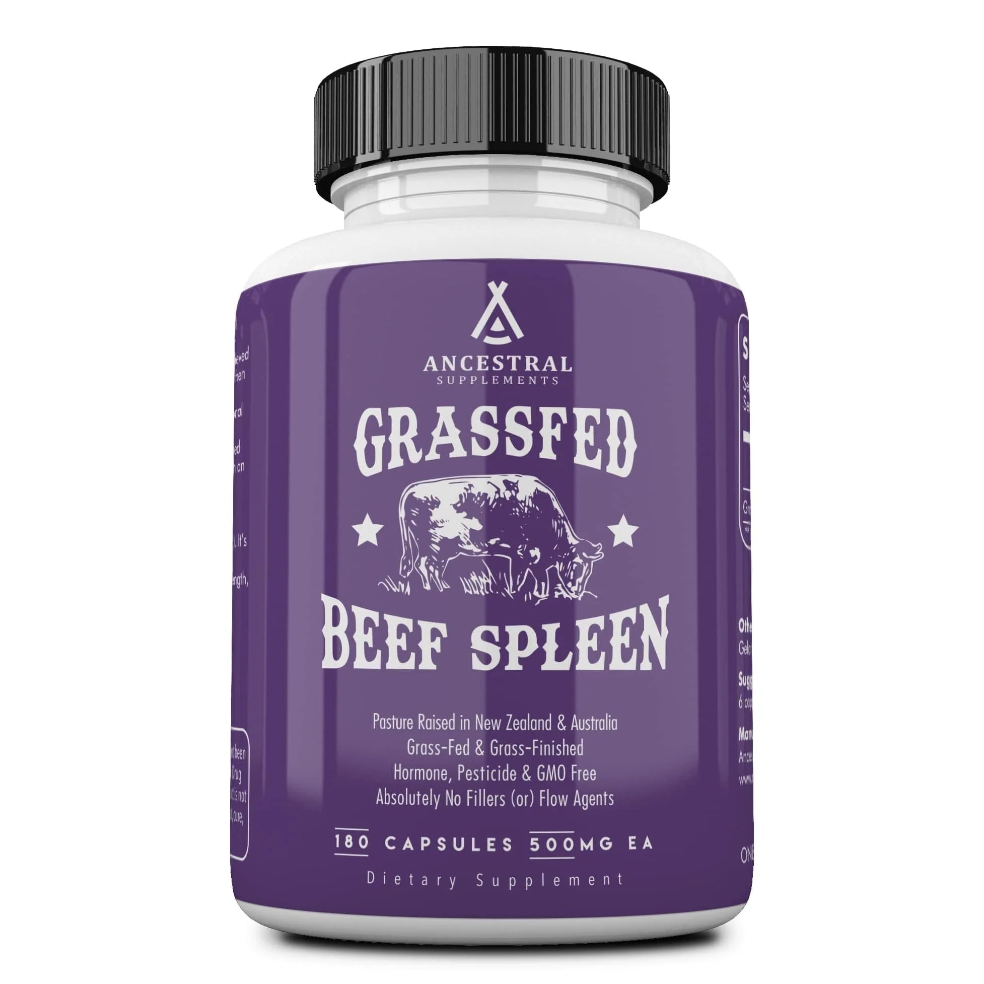 Ancestral Supplements Grass Fed Beef Spleen — 3000mg Spleen Support, Immune & Iron Health, 180 Capsules
