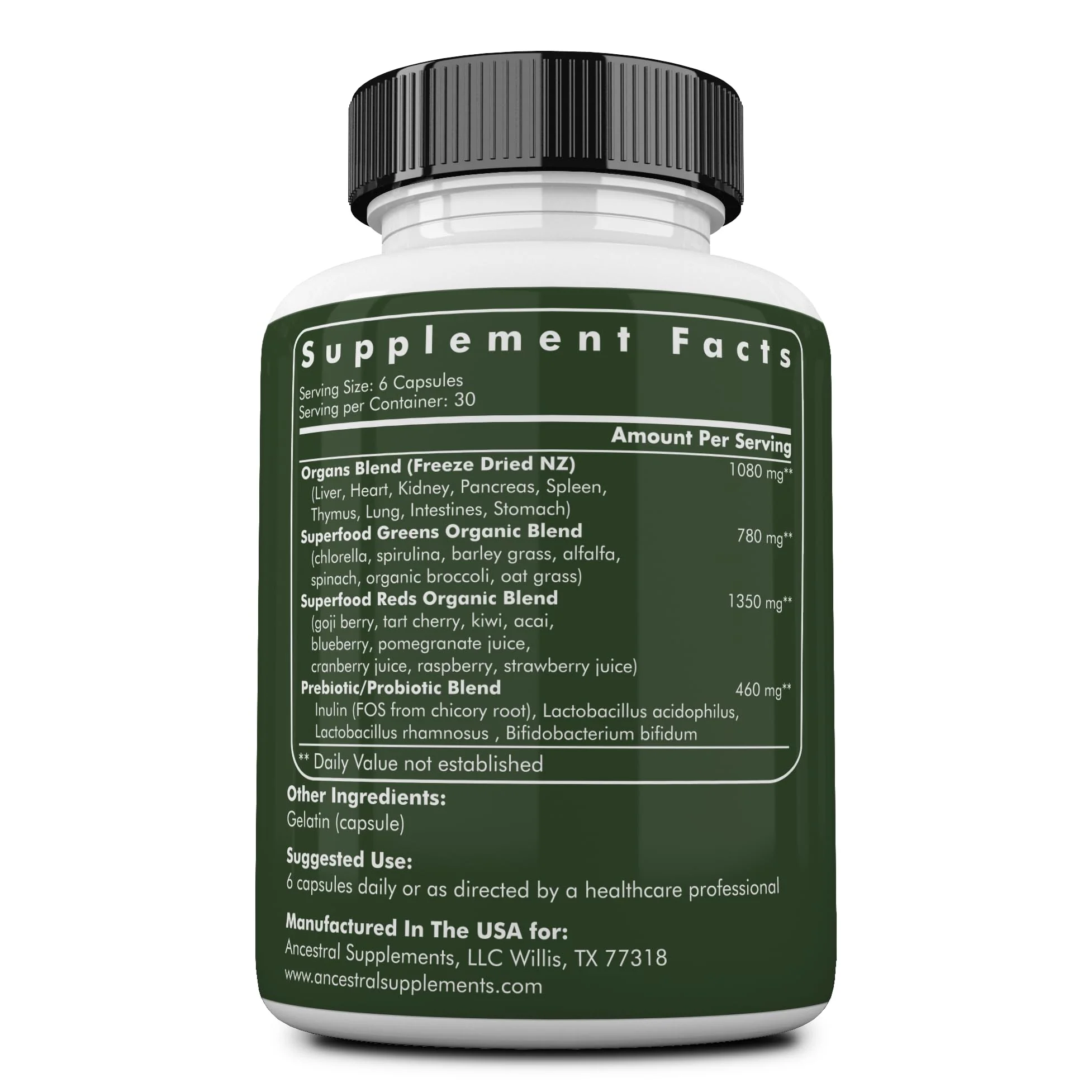 Ancestral Supplements Greens Powder Capsules – Organic Greens & Reds with Grass-Fed Organs, Probiotics (612 mg) 180 Count - Image 3