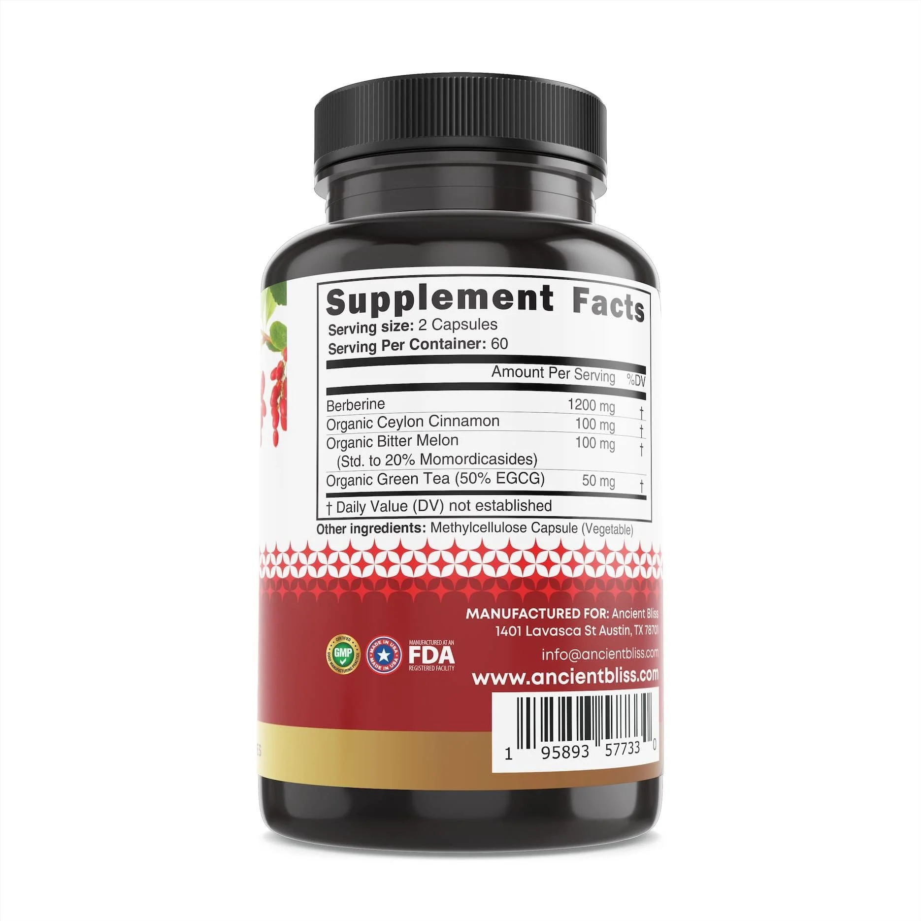 Ancient Bliss Berberine HCL 1200mg with Ceylon Cinnamon, Bitter Melon, and Green Tea Extract - 120 Capsules - Image 3