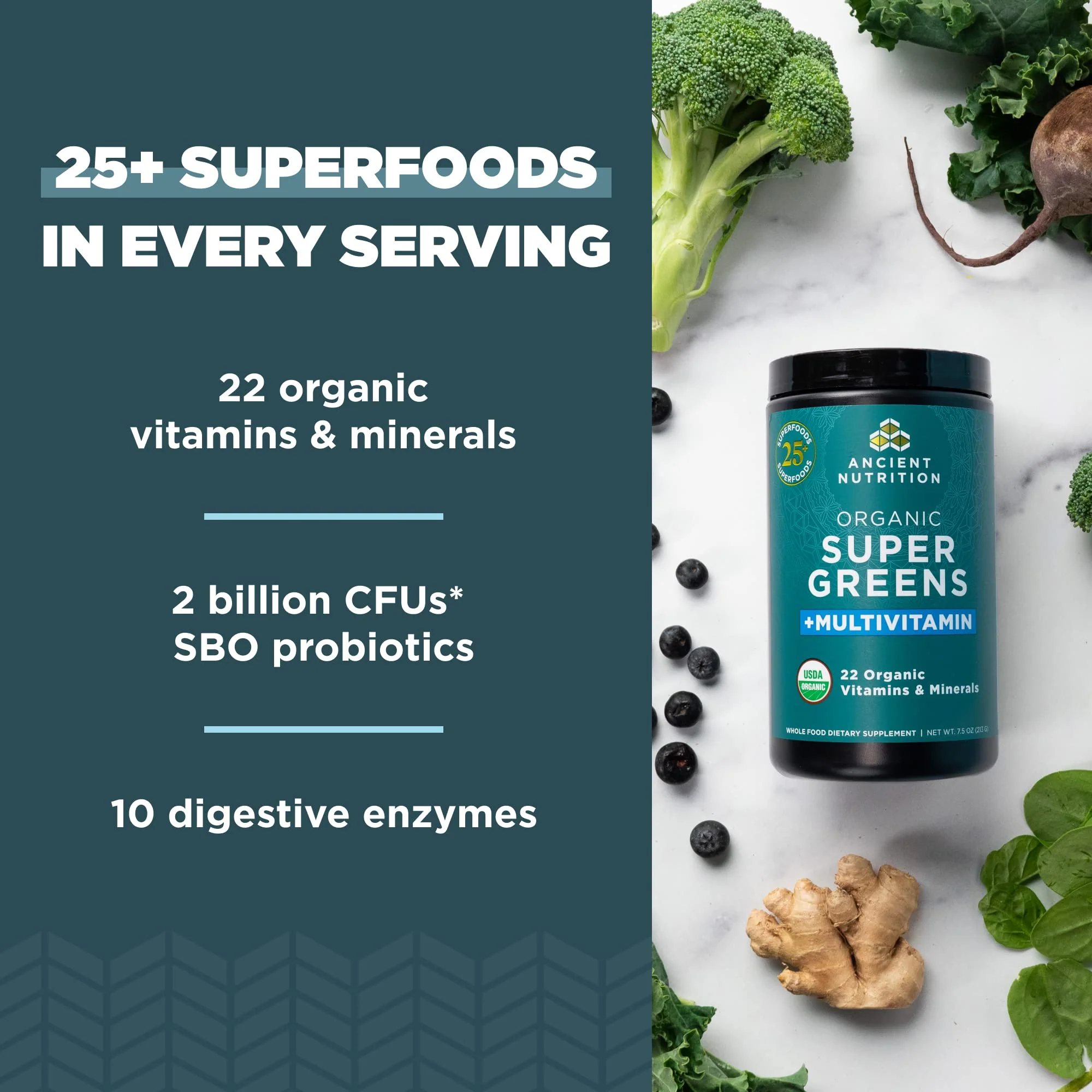 Ancient Nutrition Organic SuperGreens + Multivitamin Powder | 25 Servings, 7.5 oz - Image 2