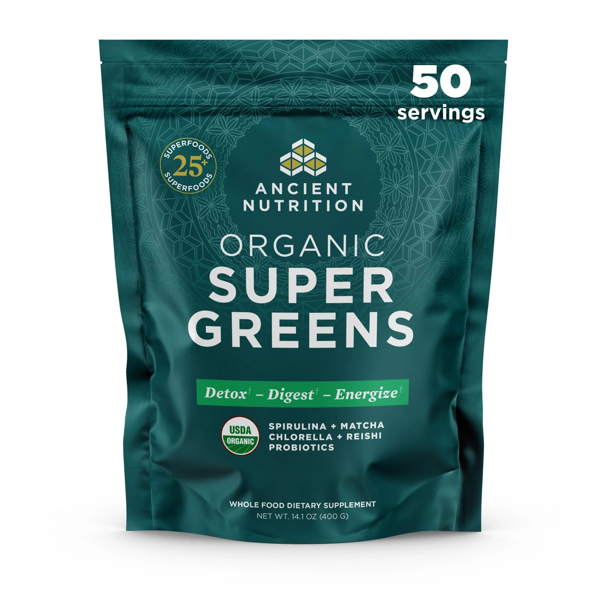 Ancient Nutrition Super Greens Powder – Organic Probiotic Superfood with Spirulina, Chlorella & Matcha | 50 Servings