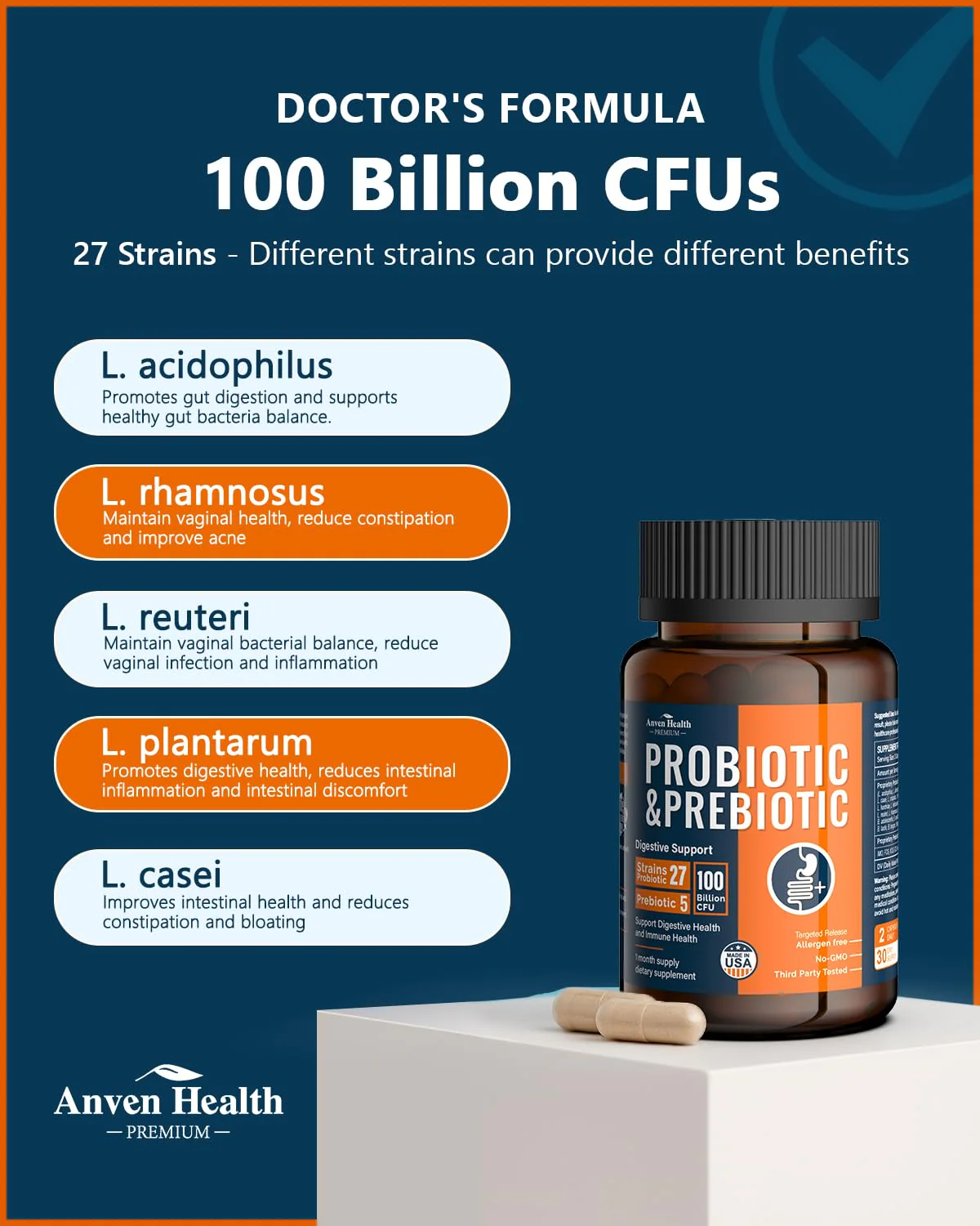 Anven Health 100 Billion Probiotics for Gut, Digestive & Immune Health – 27 Strains + 5 Organic Prebiotics | Made in USA | 180 Caps - Image 3