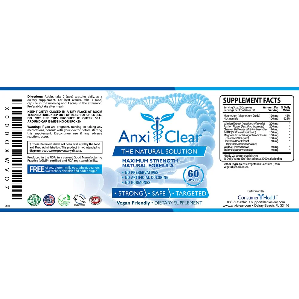 AnxiClear Day Formula – Mood Support with L-Theanine, 5-HTP & Valerian | 60 Capsules | Made in USA - Image 2
