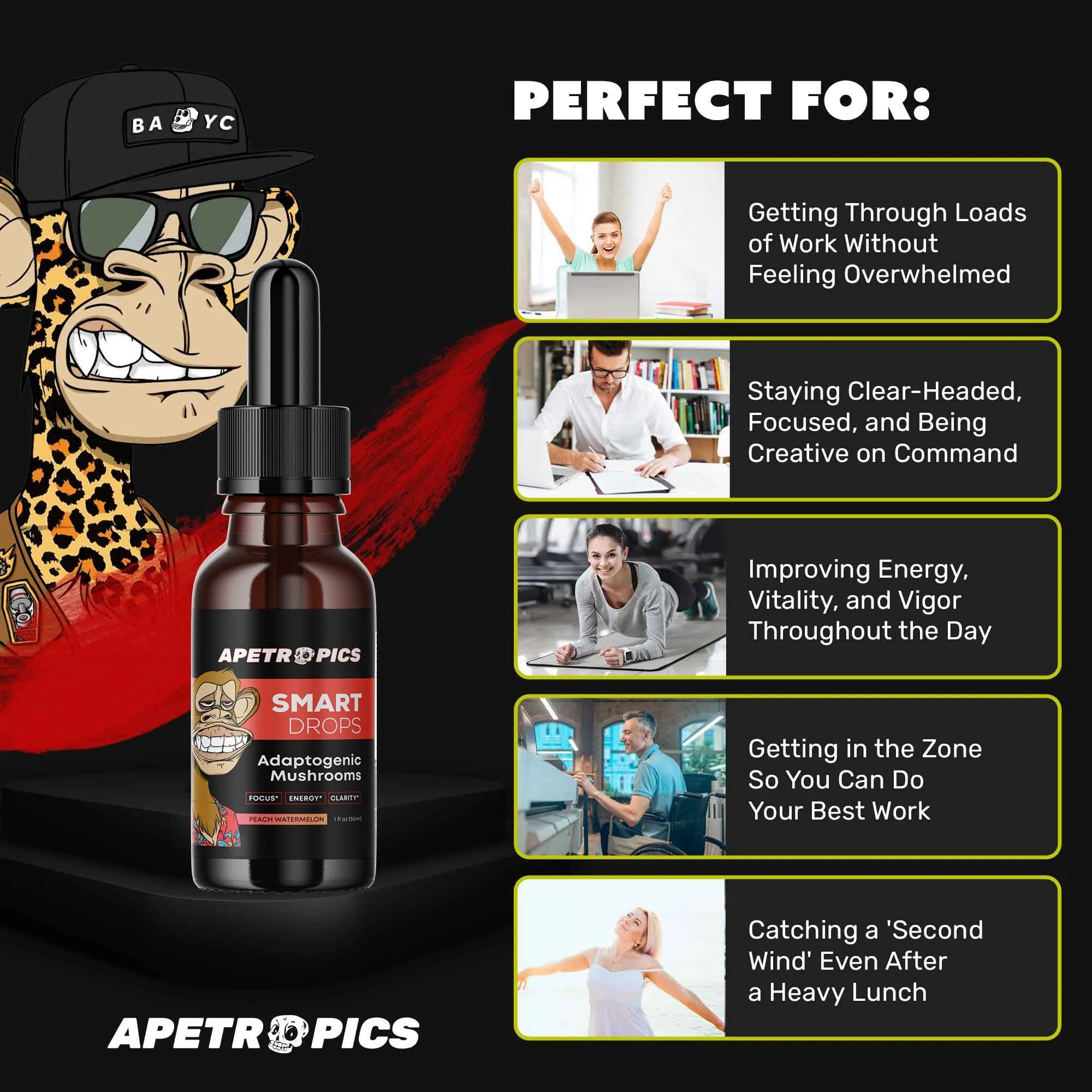 Apetropics Smart Drops - 5-in-1 Adaptogenic Mushroom Tincture for Focus (Lion's Mane, Cordyceps, Turkey Tail, Chaga, Reishi) Peach Watermelon - 30 Servings (3 Pack) - Image 5