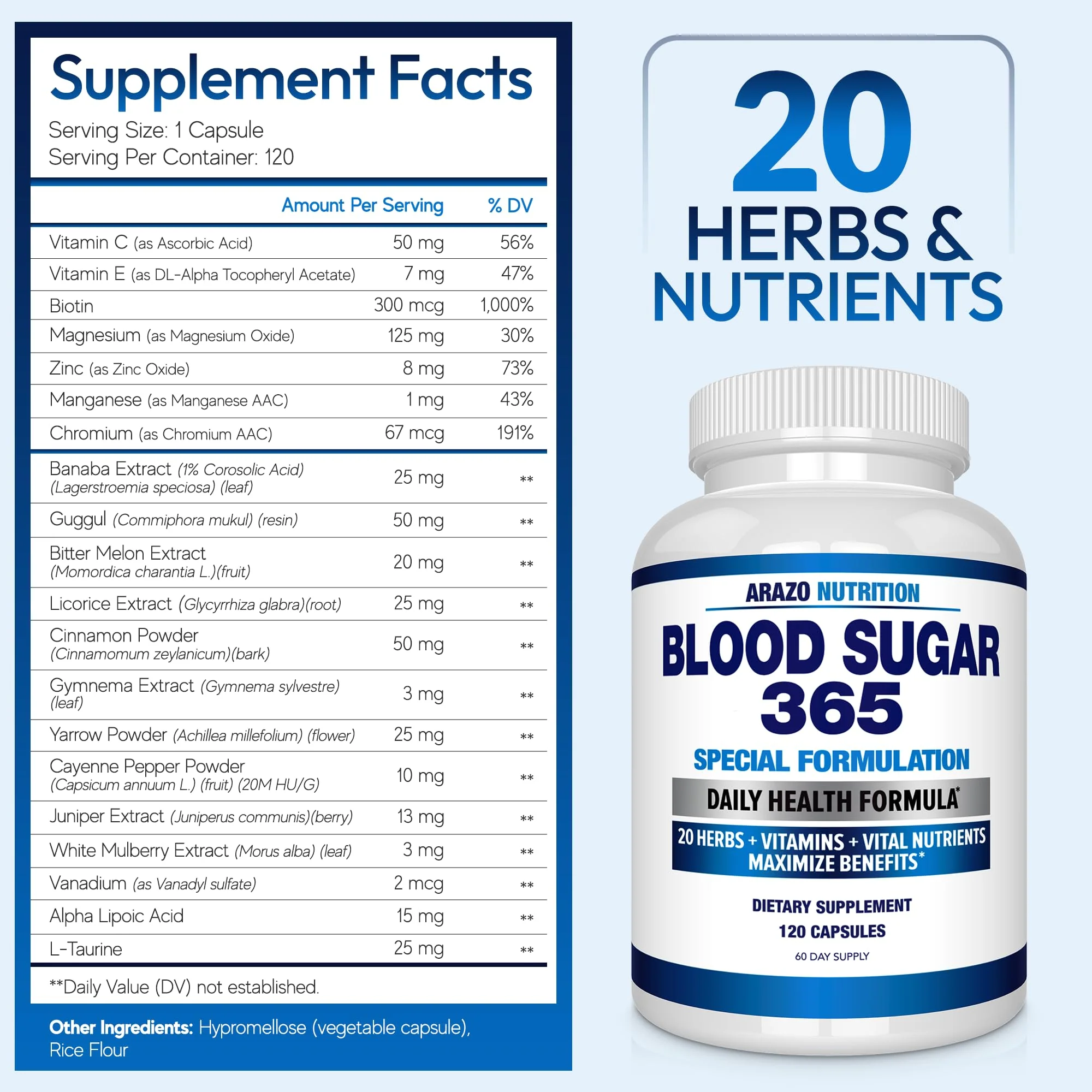 Arazo Nutrition Blood Sugar 365 – 120 Herbal Pills, 60 Day Supply (Pack of 2) – Supports Healthy Energy Levels - Image 2