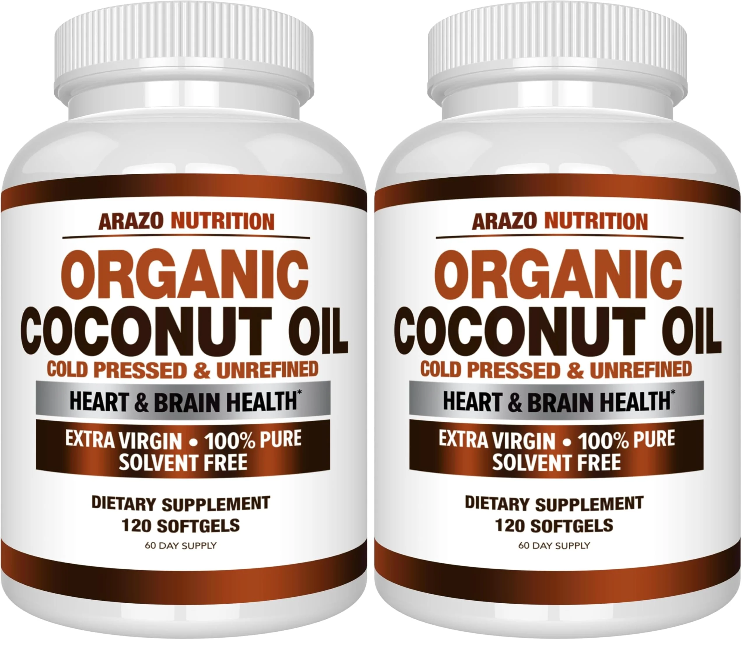 Arazo Nutrition Organic Coconut Oil 2000 MG | Extra Virgin Cold Pressed – 120 Softgels (Pack of 2)