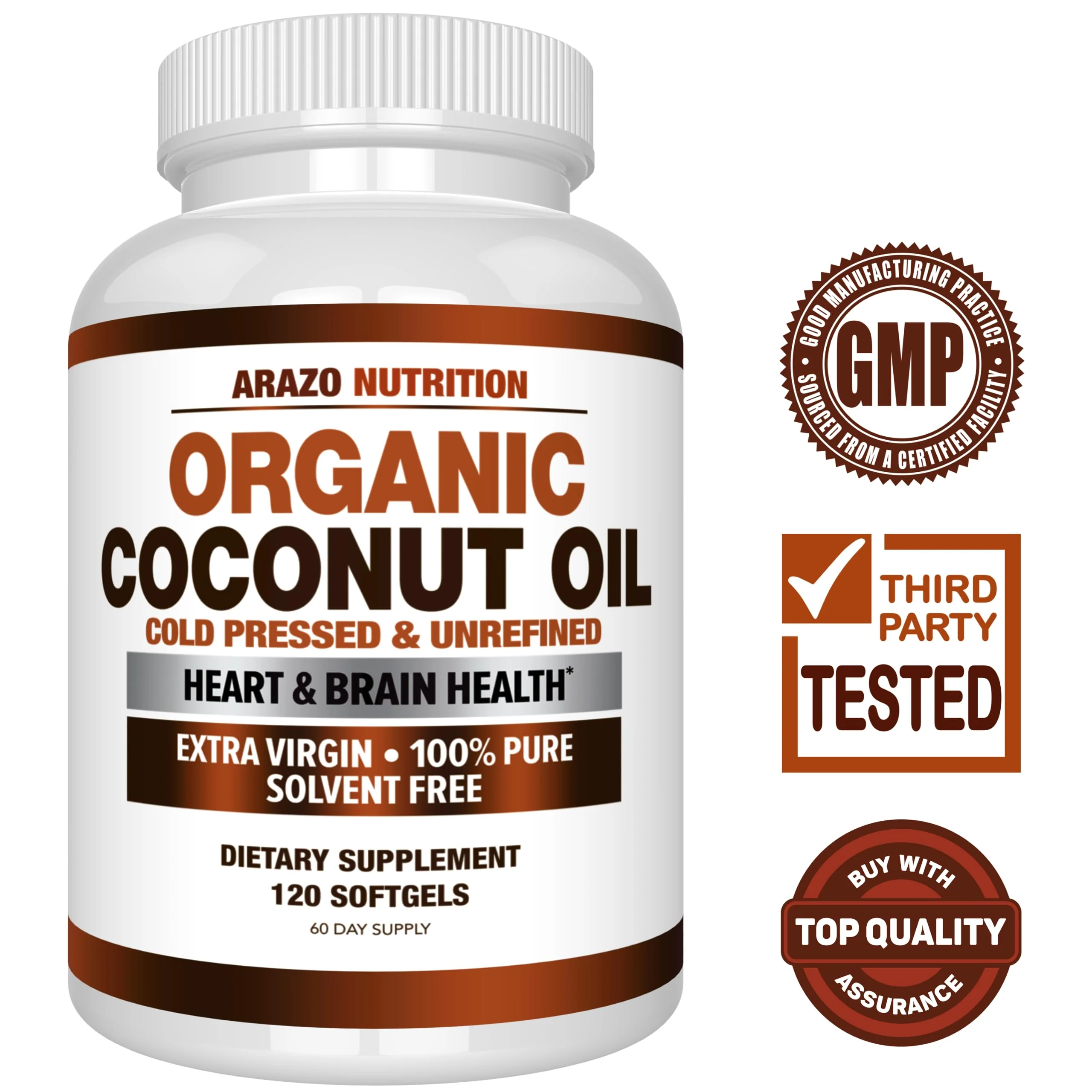 Arazo Nutrition Organic Coconut Oil 2000 MG | Extra Virgin Cold Pressed – 120 Softgels (Pack of 2) - Image 2