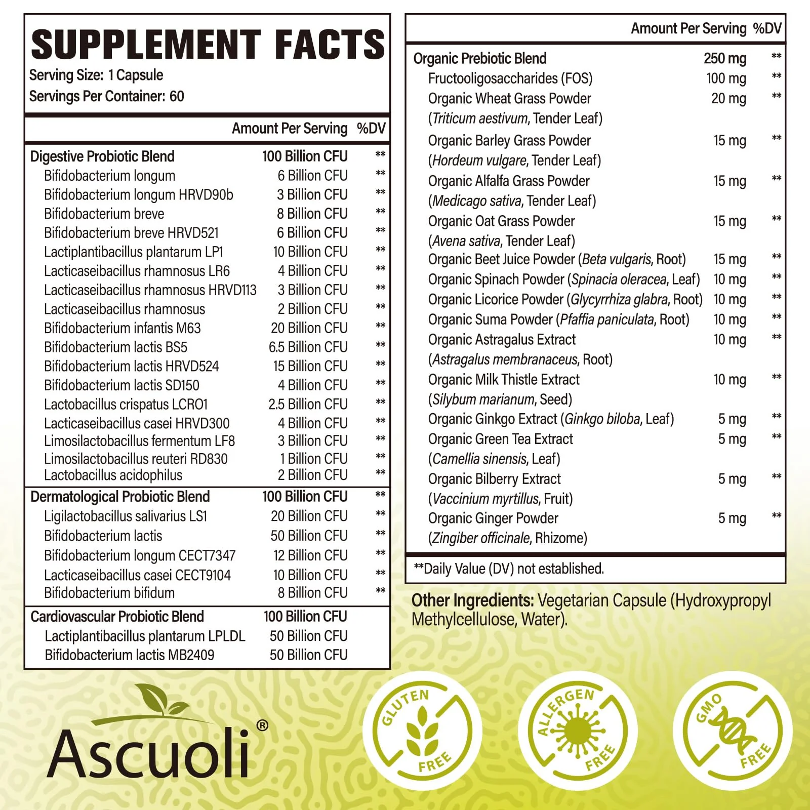Ascuoli Probiotics for Women & Men – 300B CFU, 24 Strains + 15 Organic Herbs Prebiotic Blend | 240 Veg Capsules - Image 3