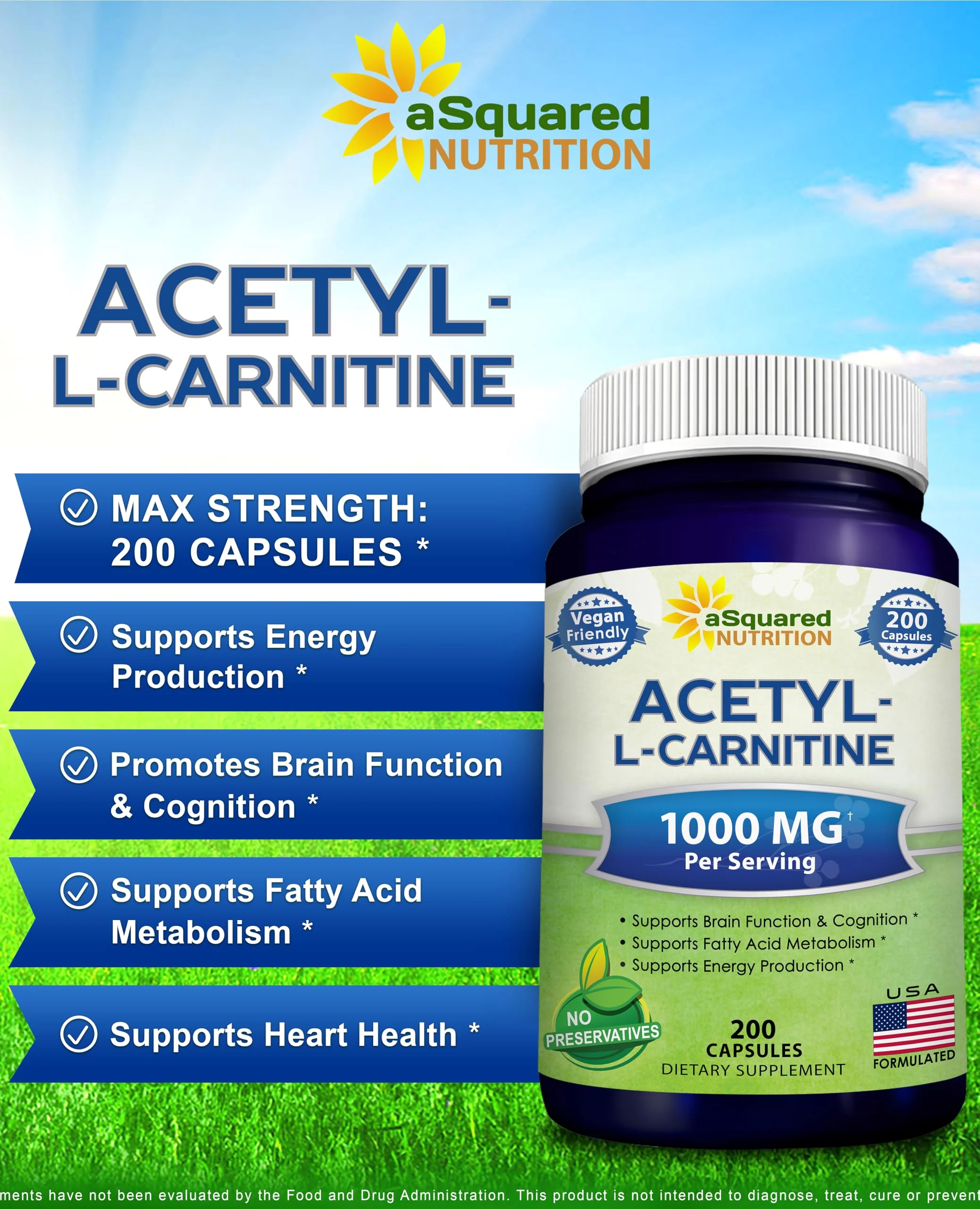 aSquared Nutrition Acetyl L-Carnitine 1000mg - 200 Veggie Capsules | High-Dose ALCAR for Energy & Brain Support - Image 3