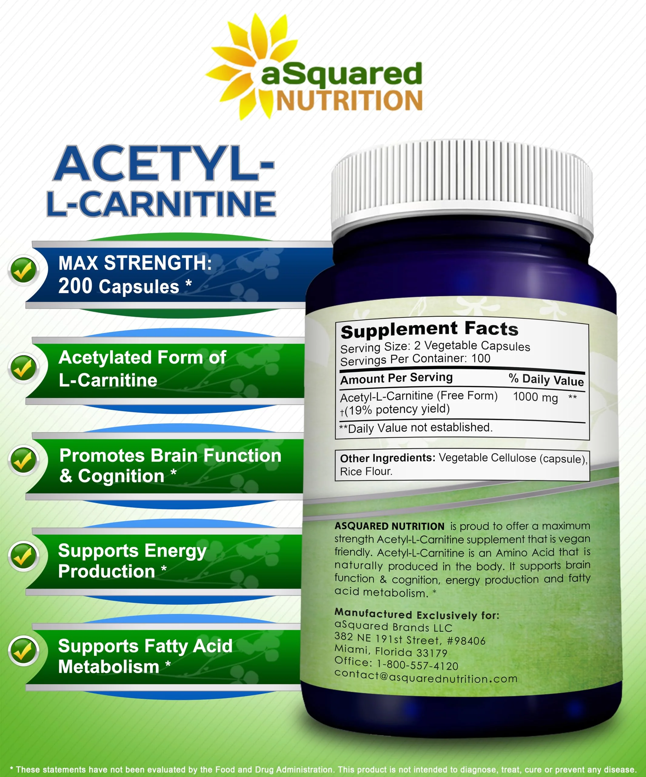 aSquared Nutrition Acetyl L-Carnitine 1000mg - 200 Veggie Capsules | High-Dose ALCAR for Energy & Brain Support - Image 6