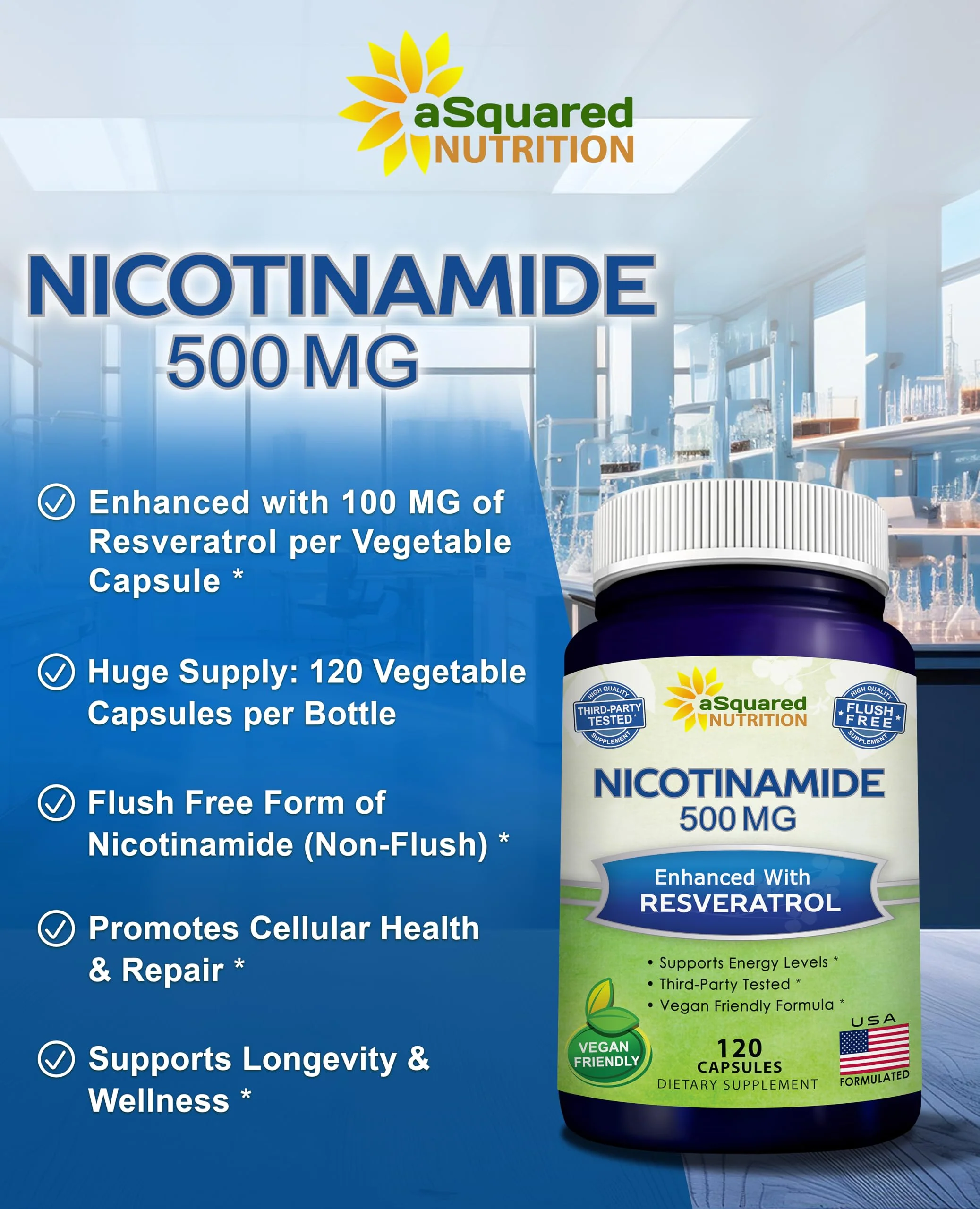 aSquared Nutrition Nicotinamide + Resveratrol - 120 Veggie Capsules | Vitamin B3 500mg (Nicotinamide Flush Free) - Image 2