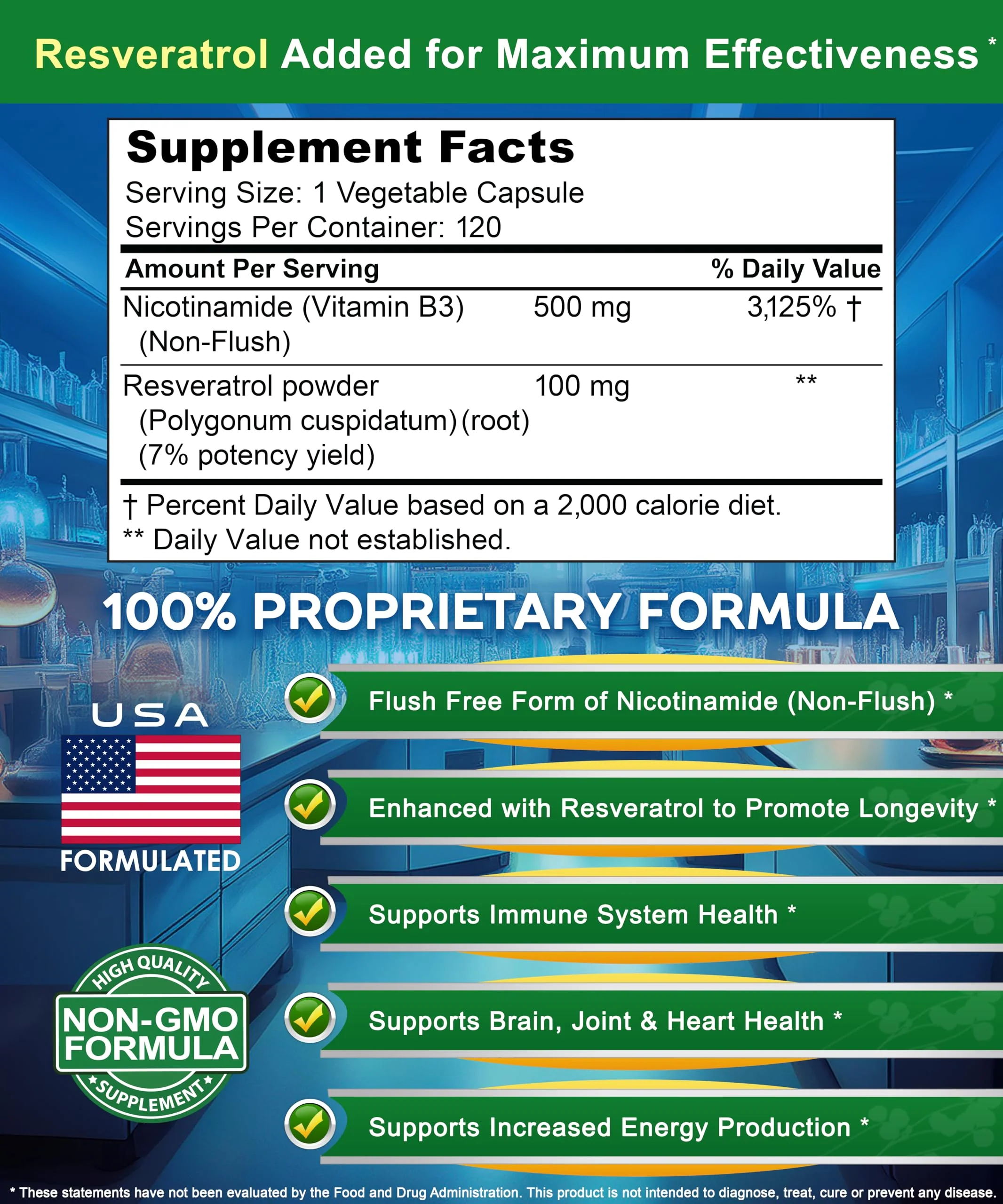 aSquared Nutrition Nicotinamide + Resveratrol - 120 Veggie Capsules | Vitamin B3 500mg (Nicotinamide Flush Free) - Image 4