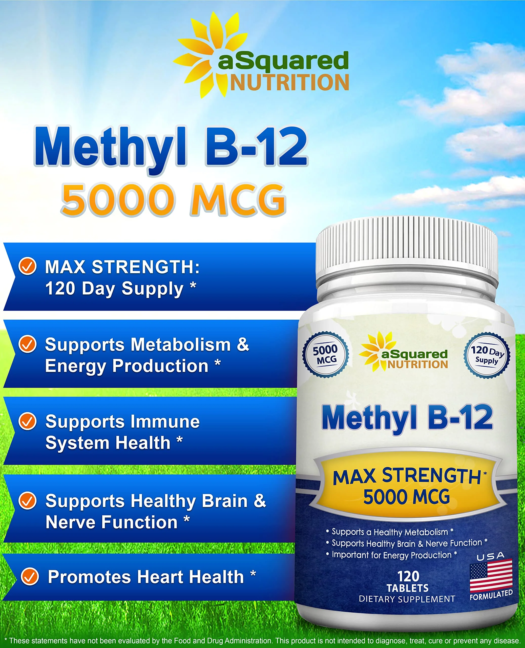 aSquared Nutrition Vitamin B12-5000 mcg (Methylcobalamin) – 120 Tablets | Max Strength Energy, Brain & Heart Support - Image 2