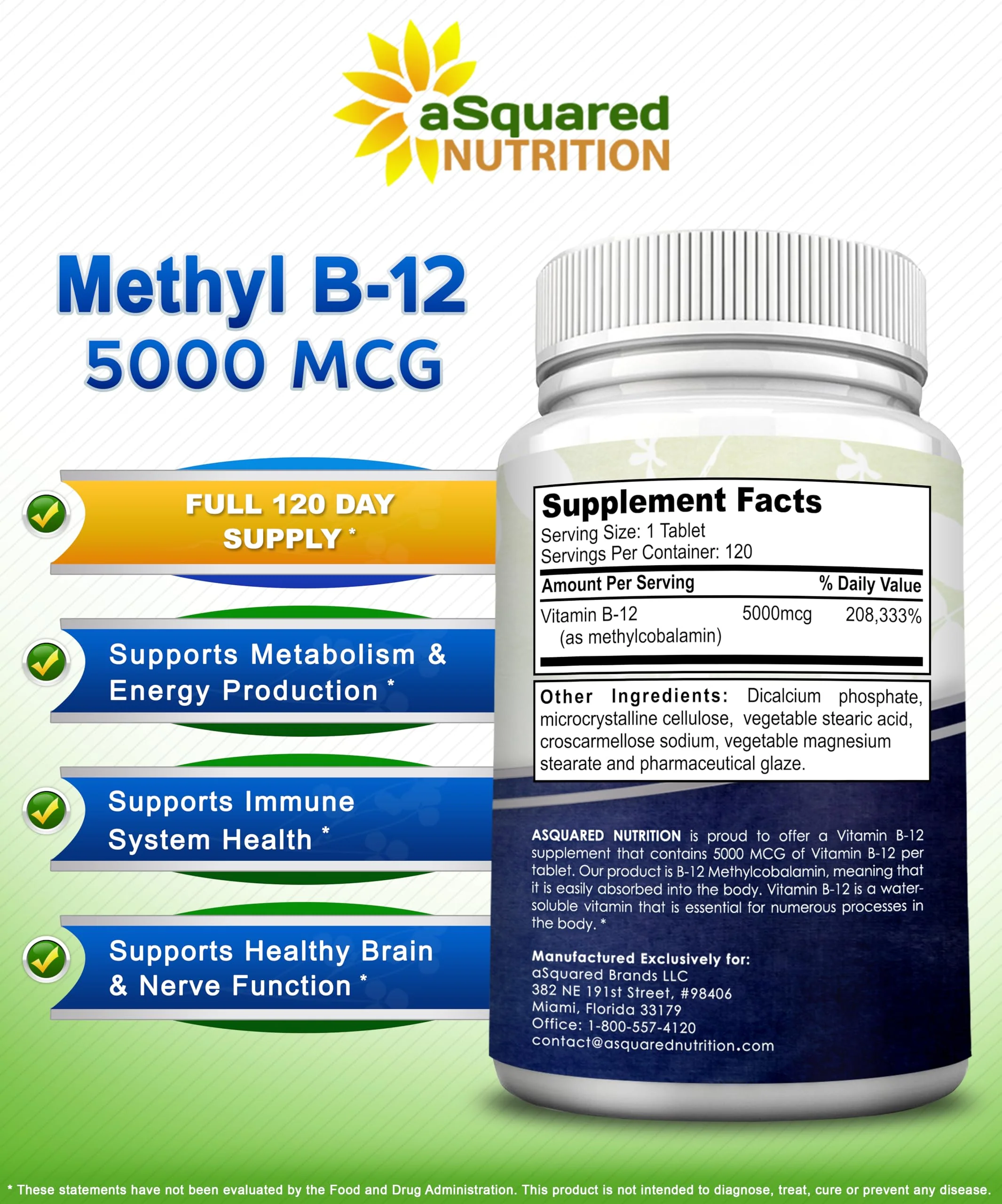 aSquared Nutrition Vitamin B12-5000 mcg (Methylcobalamin) – 120 Tablets | Max Strength Energy, Brain & Heart Support - Image 6