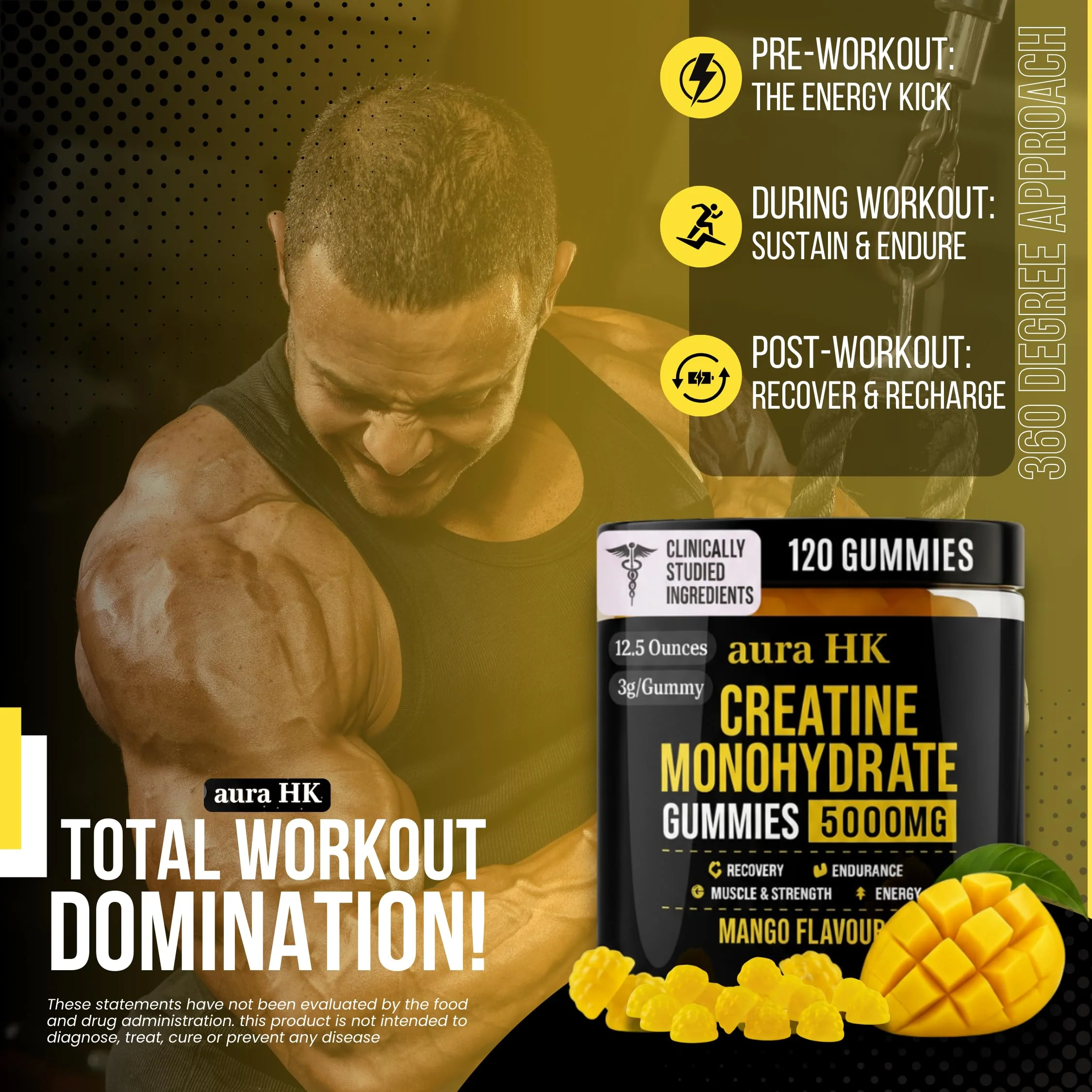 aura HK Creatine Monohydrate Gummies 5000mg 120 Count Sugar Free for Men & Women - Mango Flavor Vegan Creatine Supplement for Muscle Strength, Energy, Endurance & Workout Gummies - Image 3