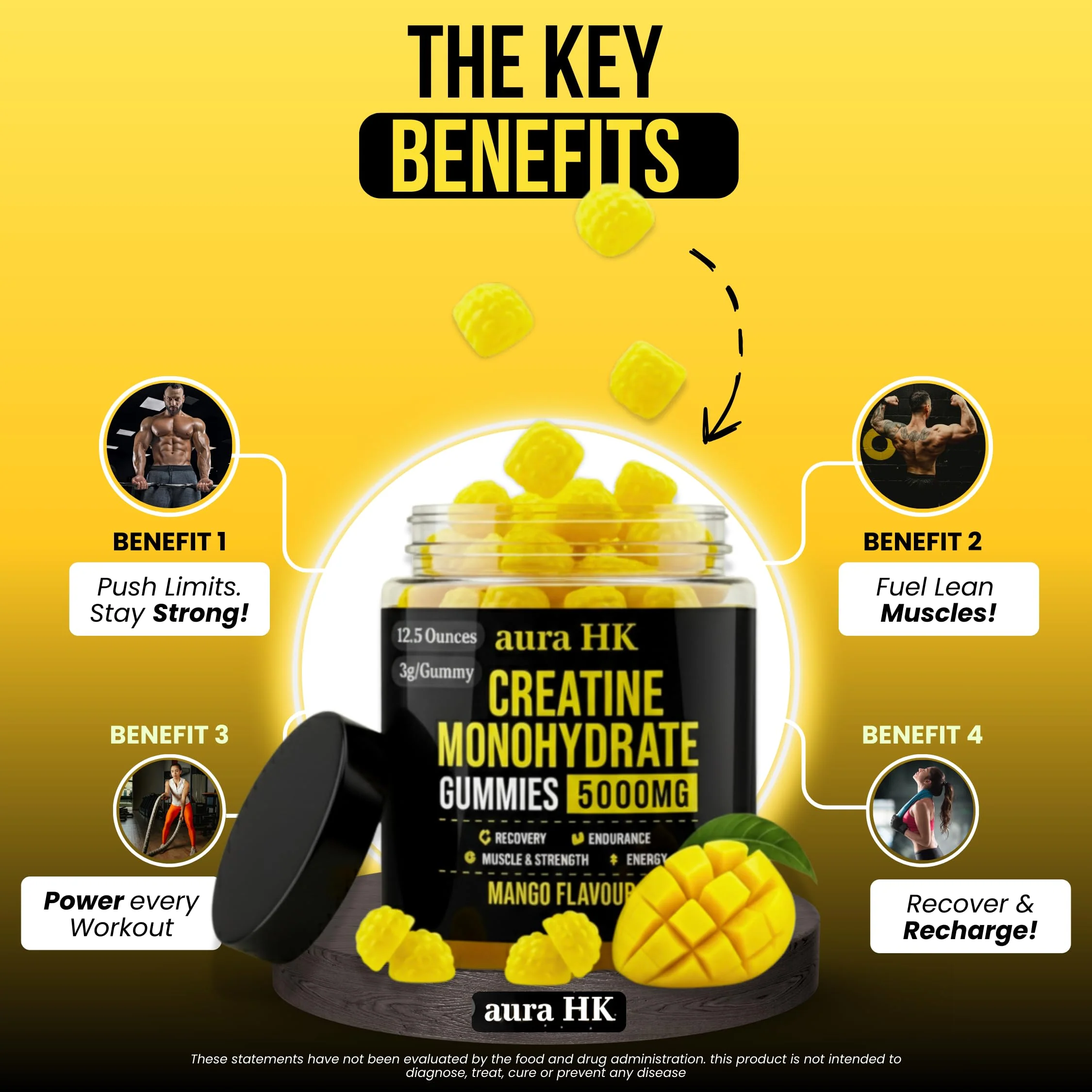 aura HK Creatine Monohydrate Gummies 5000mg 120 Count Sugar Free for Men & Women - Mango Flavor Vegan Creatine Supplement for Muscle Strength, Energy, Endurance & Workout Gummies - Image 4