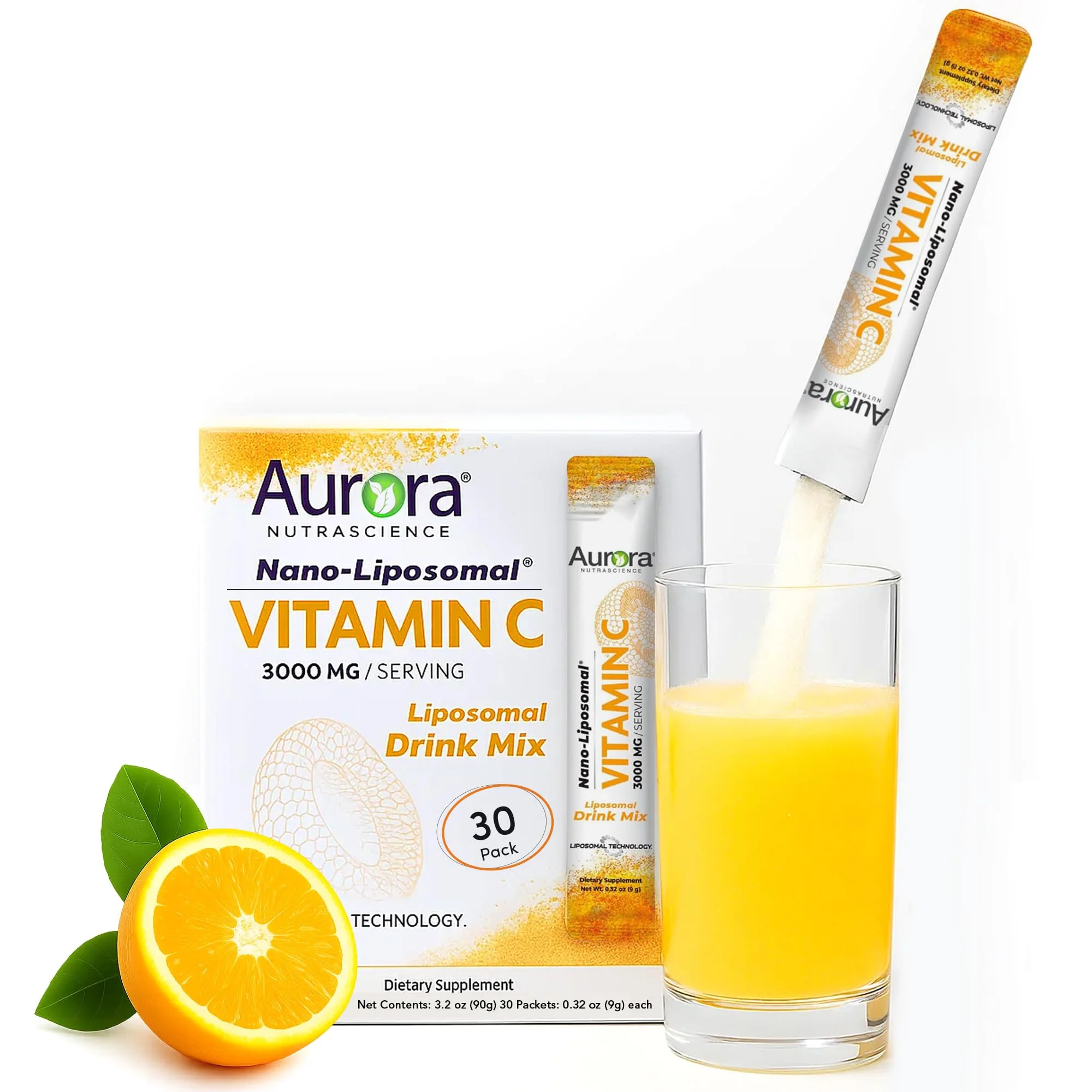 Aurora Nutrascience Nano-Pack Liposomal Vitamin C Powder Drink Mix – Immune Support, 3,000 mg per Serving, 30 Packets, Orange